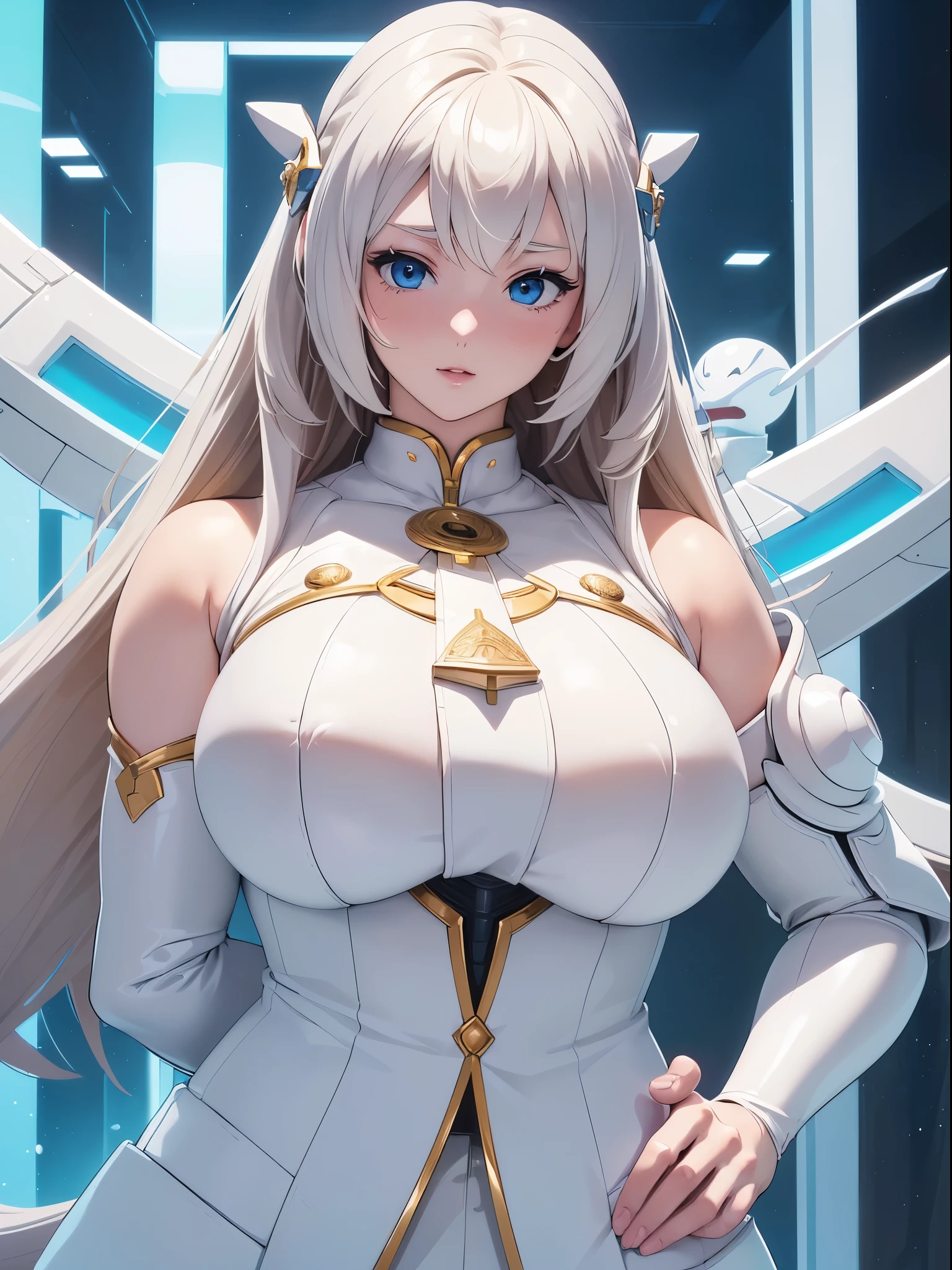 {{{best quality}}}, {{ultra-detailed}}, {illustration},{{{masterpiece}}}, japanese manga 「white suit woman」image illustlation,(hugebust upper body style:1.6),4K,8K,hyper digital art,beautiful woman,beautiful winter city background,say hello alien,musical star,