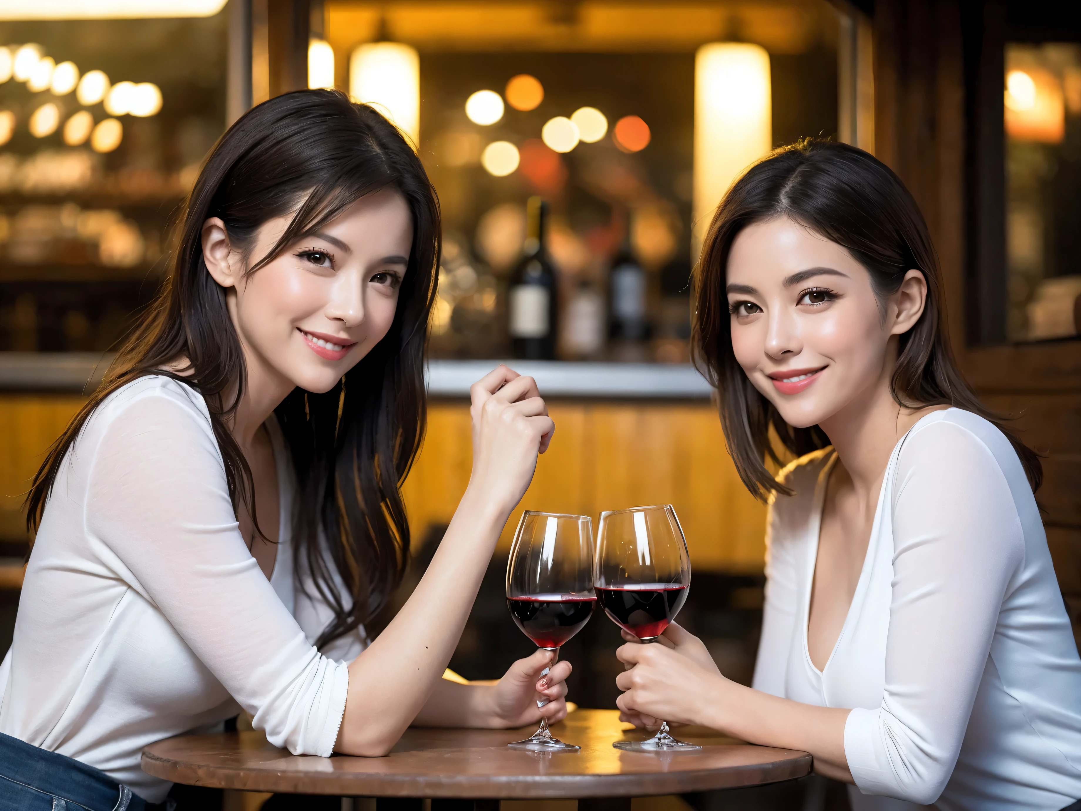 (64k uhd, nffsw, of the highest quality, masutepiece: 1.2), (Realistic, Photorealistic: 1.37), Pretty Woman 1, (Slim Face), (slimボティ), (Brown hair), (short-cut), Italian、Dutchman、Americana、Frenchman、cheeks blush a little, (40 years old), 38 years, Solo, A beautiful and detailed night view spreads out outside the window.........., restaurant, wine glassesに座って, At night, In a prominent place (from waist up) NovaFrogStyle, actress, Model, waist-up, white wine, slim, wine glasses, Super clean night view, 真ん中に置かれたwine glasses, Happy smile, (Smile: 1.15), Beautiful fine eyes, Upper body, Bust Japan Up, Night, Short, Short, actress, Model, waist-up, white wine, slim, wine glasses, Super clean night view, 真ん中に置かれたwine glasses, Happy smile,