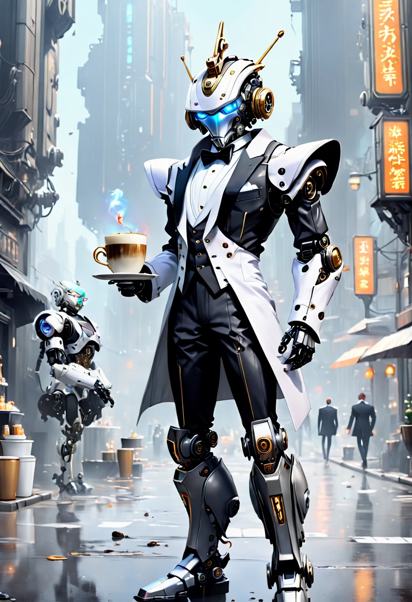 （Robot butler，Detailed mechanical parts details：1.5），（Full body photo），cyber punk personage，middle，1 white mecha，Wearing a black tuxedo，Stand on both legs，Mechanical Wonder，handheld tray, There is a cup of fragrant coffee on it，Fantastic brilliance，destroyed city，（globalillumination、Ray traching、HighDynamicRange、Unrealistic rendering、Rational design、tmasterpiece、Best quality at best、hyper HD、电影灯光）