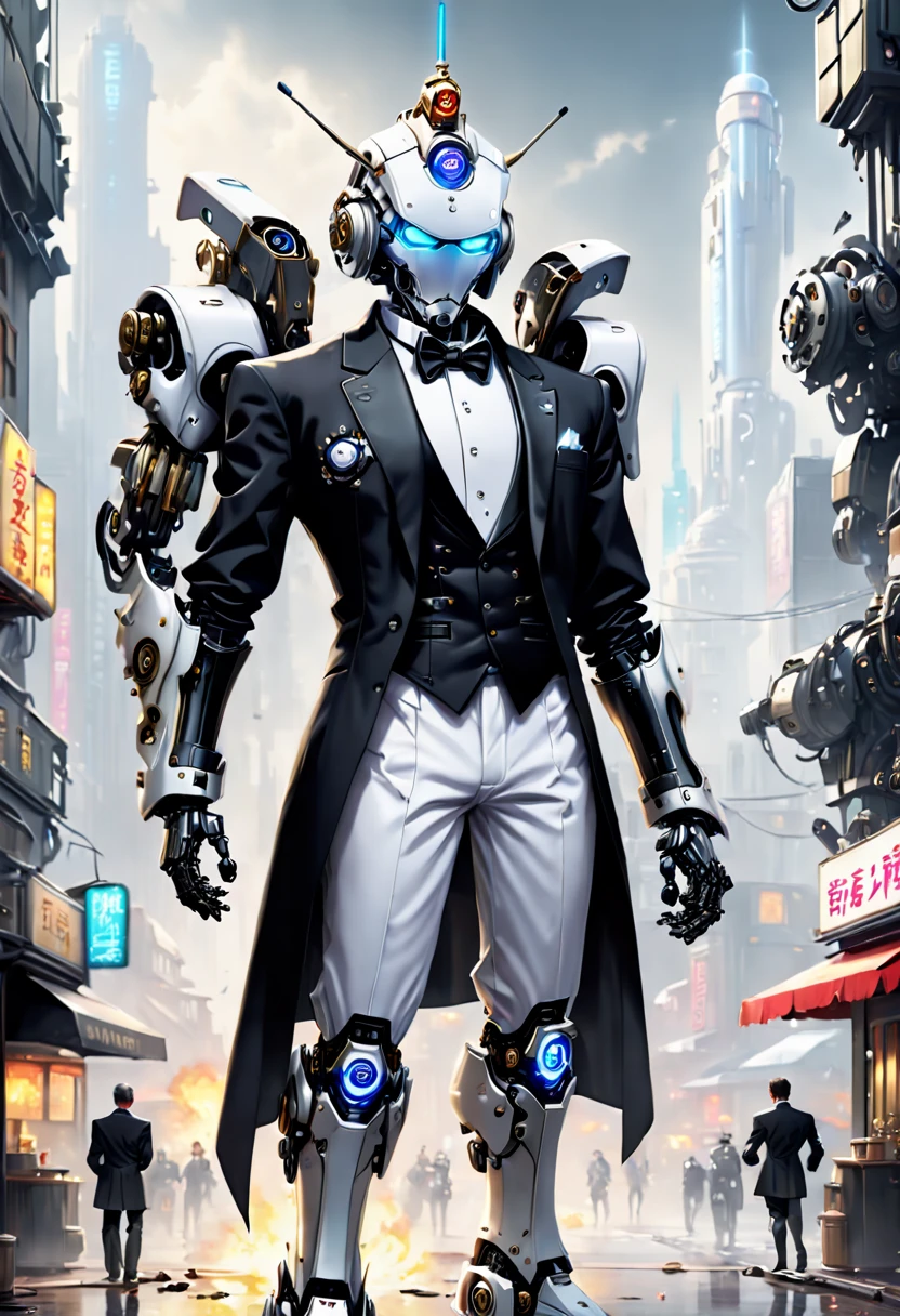 （Robot butler，Detailed mechanical parts details：1.5），（Full body photo），cyber punk personage，middle，1 white mecha，Wearing a black tuxedo，Stand on both legs，Mechanical Wonder，handheld tray, There is a cup of fragrant coffee on it，Fantastic brilliance，destroyed city，（globalillumination、Ray traching、HighDynamicRange、Unrealistic rendering、Rational design、tmasterpiece、Best quality at best、hyper HD、电影灯光）