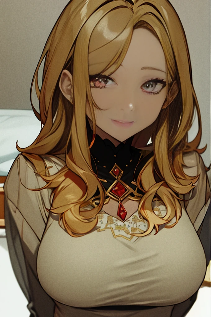 tmasterpiece， Best quality at best， finely detailled， A high resolution， Extremely refined and beautiful,1womanl，slenderlegs， looking at viewert， face to the viewer， Golden hair， white backgrounid， 独奏，（full bodyesbian：2），A mother，Big breasts wife，Bedrooms，Complicated details，Intricate patterns，