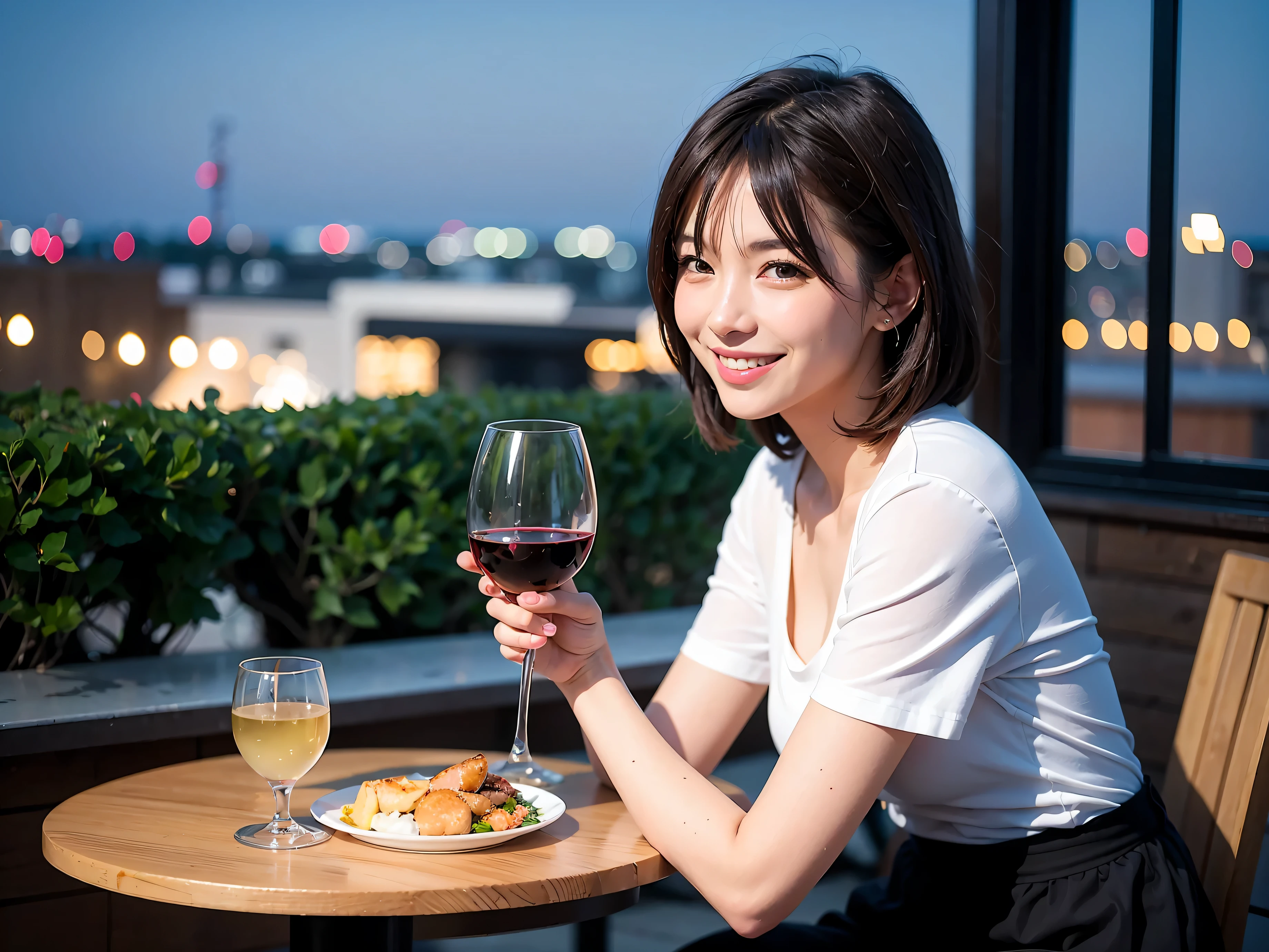 (64k uhd, nffsw, of the highest quality, masutepiece: 1.2), (Realistic, photoRealistic: 1.37), Frenchman、Italian、 (Slim Face), (slimボティ), (Brown hair), (short-cut), cheeks blush a little, (44 years old), 38 years, Solo, A beautiful and detailed night view spreads out outside the window.., restaurant, wine glassesが座っている, At night, Novafrog style in a prominent place, actress, Model, waist-up, white wine, slim, wine glasses, Super Clean Night View, wine glasses Put in the Middle, Happy Smile, (Smile: 1.15), Beautiful fine eyes, Upper body, Bust Japan Up, Night, Short, Short, actress, Model, waist-up, white wine, slim, wine glasses, Super Clean Night View, wine glasses Put in the Middle, Happy Smile,