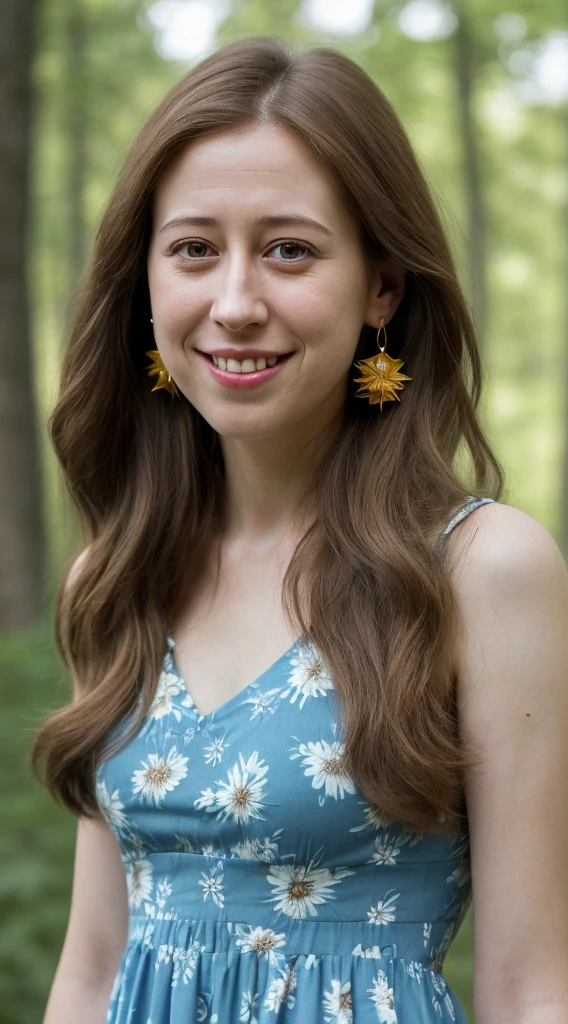 smiling woman with long brown hair and earrings in front of trees, wearing a blue floral sun dress, this person does not exist, 30 years old, rectangular body shape, carrie coon-alona tal-zoe kazan-greta gerwig merged, entire body visible, full body, hyperrealistic, best quality, 8K, real human skin, masterpiece, extremely intricate, medium closeup, detailed eyes, detailed face, detailed body, exaggerated features, pronounced features
