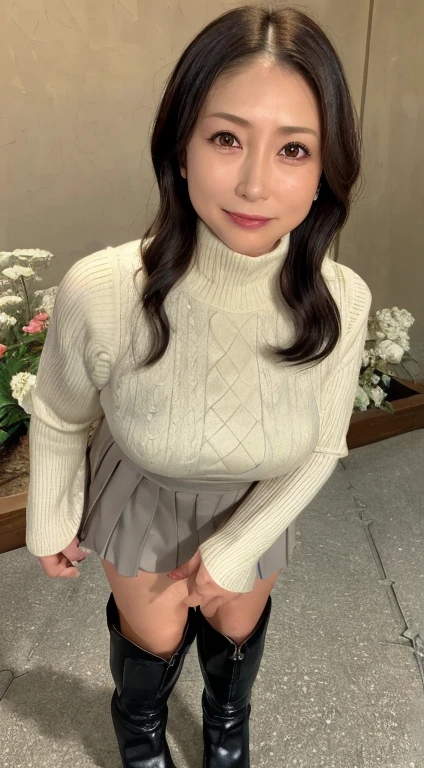 Best Quality, hight resolution, Hires, Skin definition, Detailed skin, Detailed eyes, Detailed face, 4K, 日本人A MILF, ((独奏)), (((50 years old))), (Wrinkles at the corners of the eyes:1.6), (nasolabial folds:1.3), A MILF, glamor, A sexy, Chromo-white skin, ((Wavy Longhair)), Looking at Viewer,(((my skin is old))), ((muscles are old)), (((A slender))), ((Saggy udder)), (Saggy buttocks), ((Japanese Models)), 4K, (photoRealistic:1.5), Realistic, nffsw, Beautiful, Bimbo, Perfect makeup, small diamond necklace, piercings, ((Brown coat, White turtleneck sweater, sleeveless, Argyle pattern pleated skirt, Black long boots )), ssmile, Public places, Full body photo