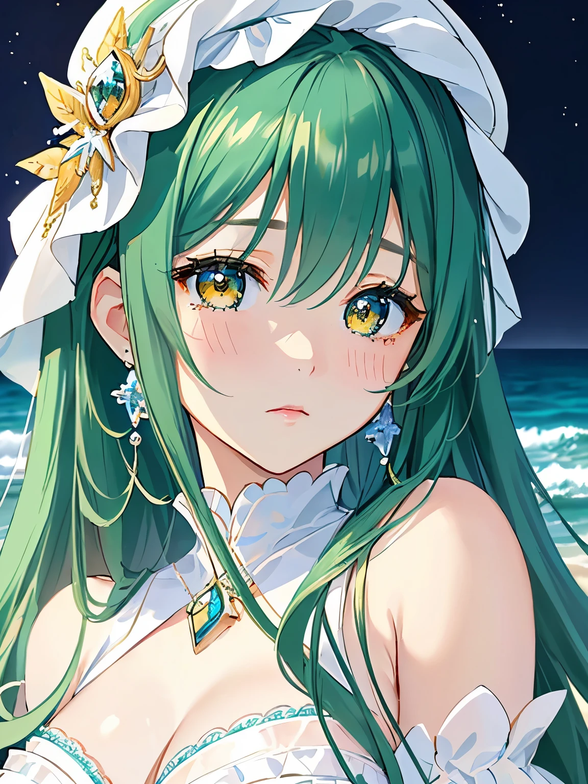 Seaside、White fluffy bikini、solo、Make your face clear、Green hair color、Cheeks are a little red、The gesture of tucking hair behind the ear