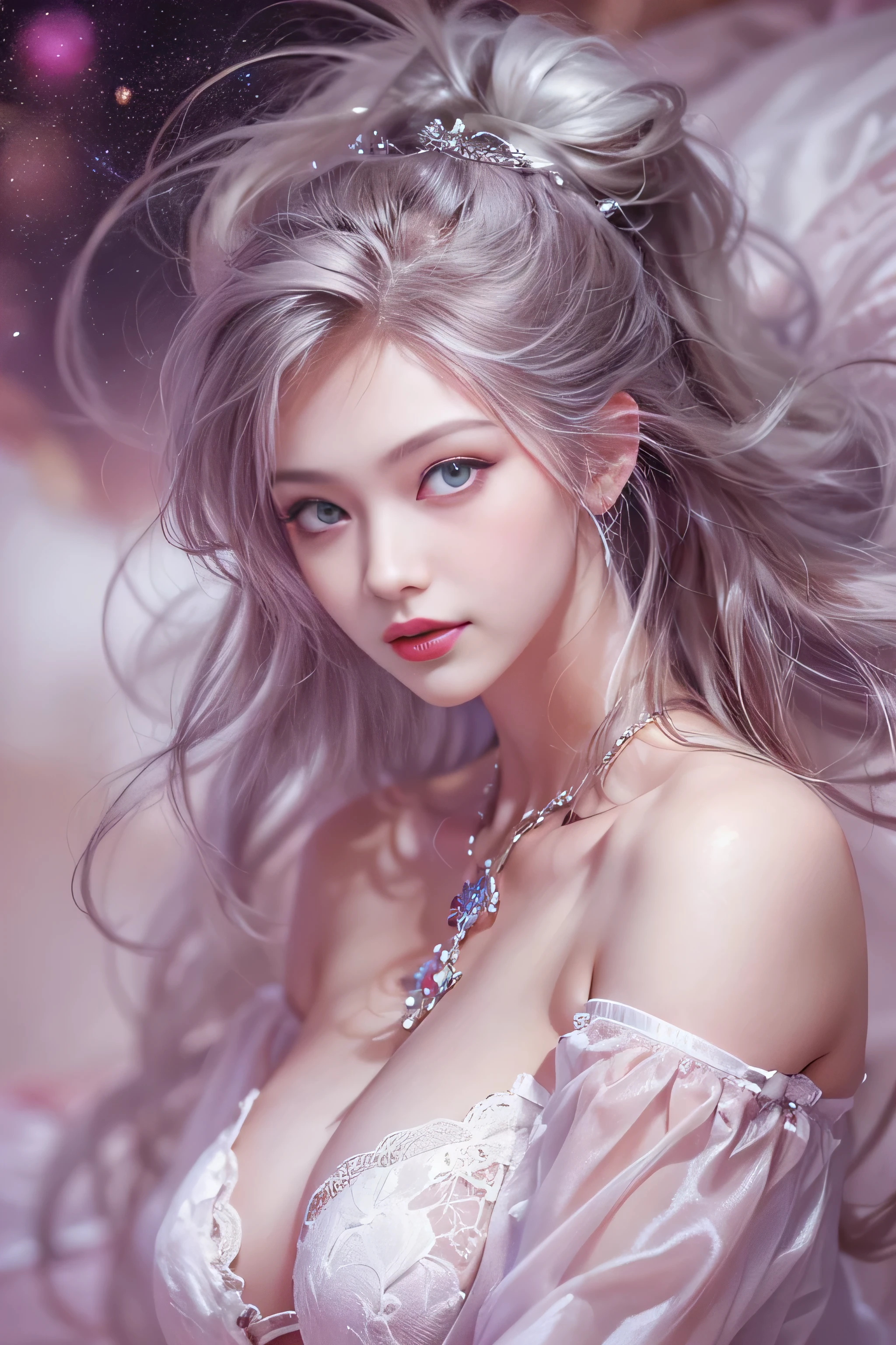 ((tmasterpiece:1.4)、(top-quality:1.4)、(reallistic:1.7))、Surreal portrait of a beautiful girl、Super beautiful girl、((1girl in:1.4))、Shiny natural skin texture、authority luis royo（By Luis Royo）、age19、(Two arms:1.4、Two legs:1.4)、(perfect anatomia:1.4)、(完璧な女性のBody:1.4)、Portrait of a girl、接写Body撮影ティナステピース:1.4), (top-qualityの:1.4), (Realistic:1.7), , Beautiful Girl, Super beautiful girl, ((1girl in:1. 4), Shiny natural skin texture, authority luis royo, age19の, (完璧な女性のBody: 1.4), (完璧な女性のBody: 1.) 4), Portrait of a girl, a closeup、Body）, Fantasy Art, Soft front light, Beautiful expression, Kawaii face, Beautiful breasts, Large Full Breasted: 1. 2, Beautiful buttocks, Fine eyes, Clear and eye-catching, beautiful and alluring, Beautiful eyes, thin waist, Unripe, Red lips, ((White hair, Long hair)) , 1 Screen View, ((Woman on all fours on silk bed)), (sexyposture), (the milky way in the sky),((T-back panties))、((White garters and garter belts))、(A smile),((posterior view))、((Looks Back))、((Vaginal orchids)）、((The erection)）