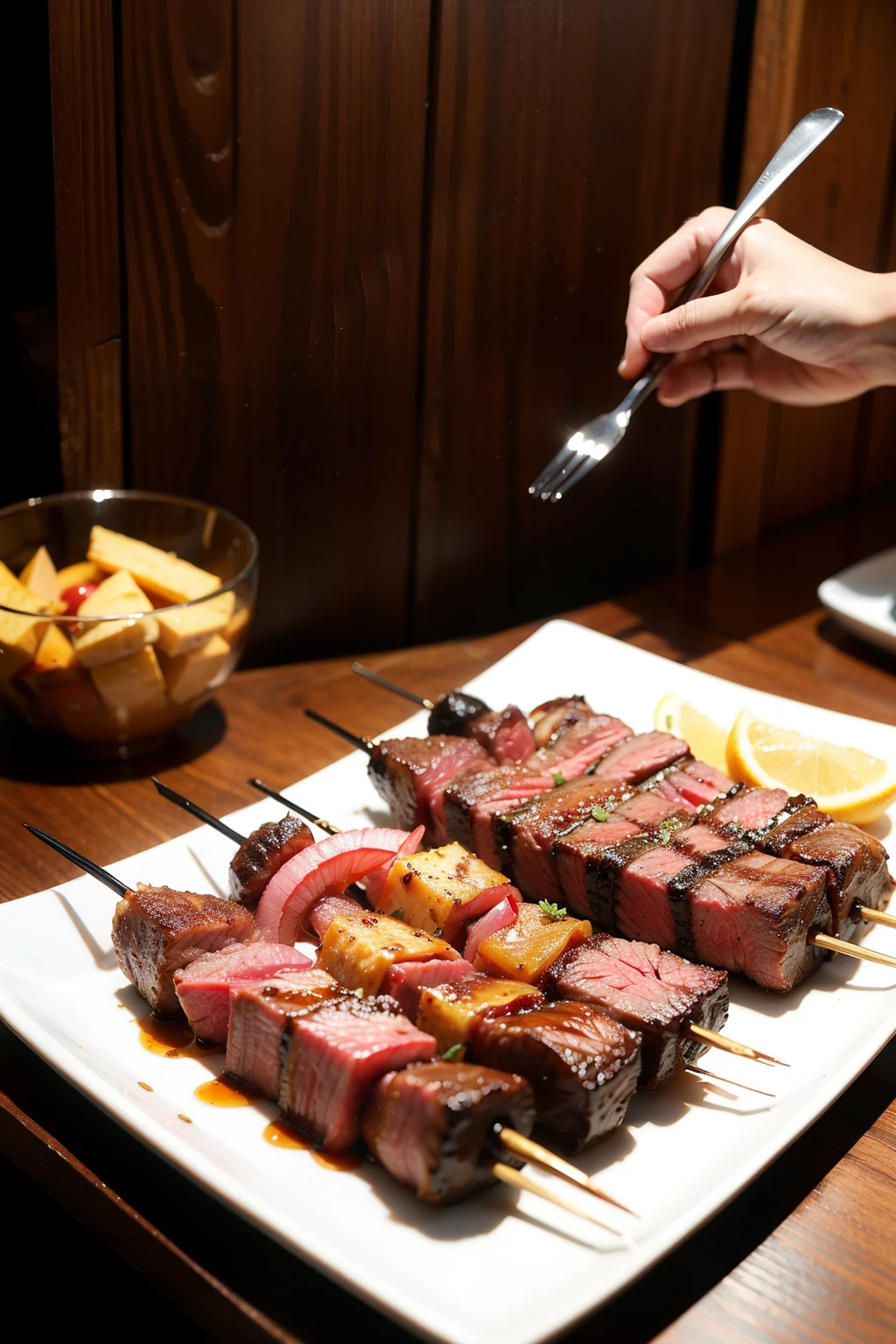((Best quality at best)), ((tmasterpiece)), (detailed),BBQ skewers,saucer,steak,Knives and forks,wineglass
