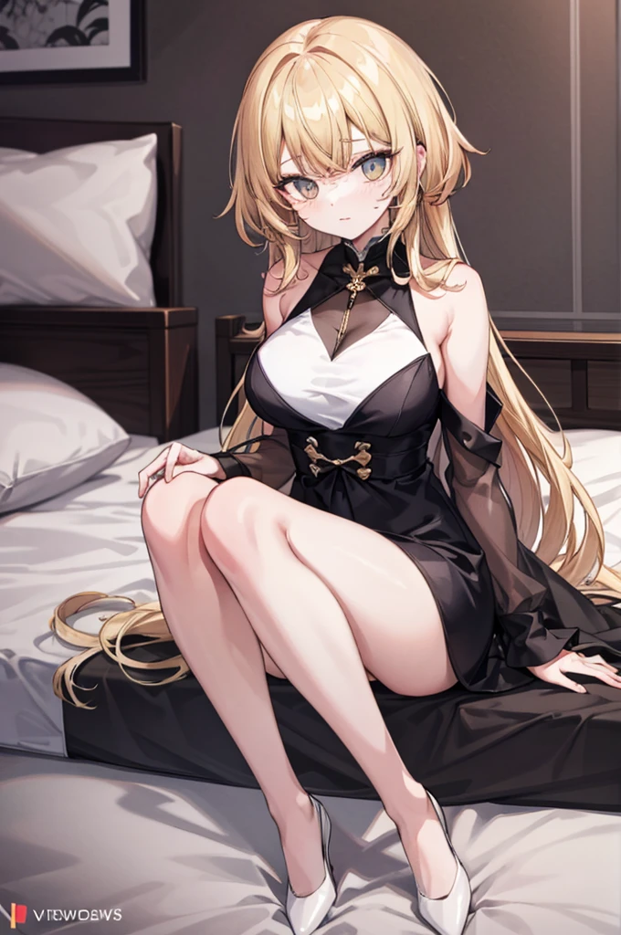 tmasterpiece, Best quality at best, finely detailled, A high resolution, Extremely refined and beautiful,1womanl,slenderlegs, looking at viewert, face to the viewer, Golden hair, white backgrounid, 独奏,(full bodyesbian:2),A mother,Big breasts wife,Bedrooms,Complicated details,Intricate patterns,