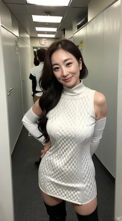 Best Quality, hight resolution, Hires, Skin definition, Detailed skin, Detailed eyes, Detailed face, 4K, 日本人A MILF, ((独奏)), (((50 years old))), (Wrinkles at the corners of the eyes:1.6), (nasolabial folds:1.3), A MILF, glamor, A sexy, Chromo-white skin, ((Wavy Longhair)), Looking at Viewer,(((my skin is old))), ((muscles are old)), (((A slender))), ((Saggy udder)), (Saggy buttocks), ((Japanese Models)), 4K, (photoRealistic:1.5), Realistic, nffsw, Beautiful, Bimbo, Perfect makeup, small diamond necklace, piercings, ((Brown coat, White turtleneck sweater, sleeveless, Argyle pattern pleated skirt, Black long boots )), ssmile, Public places,Full body photo