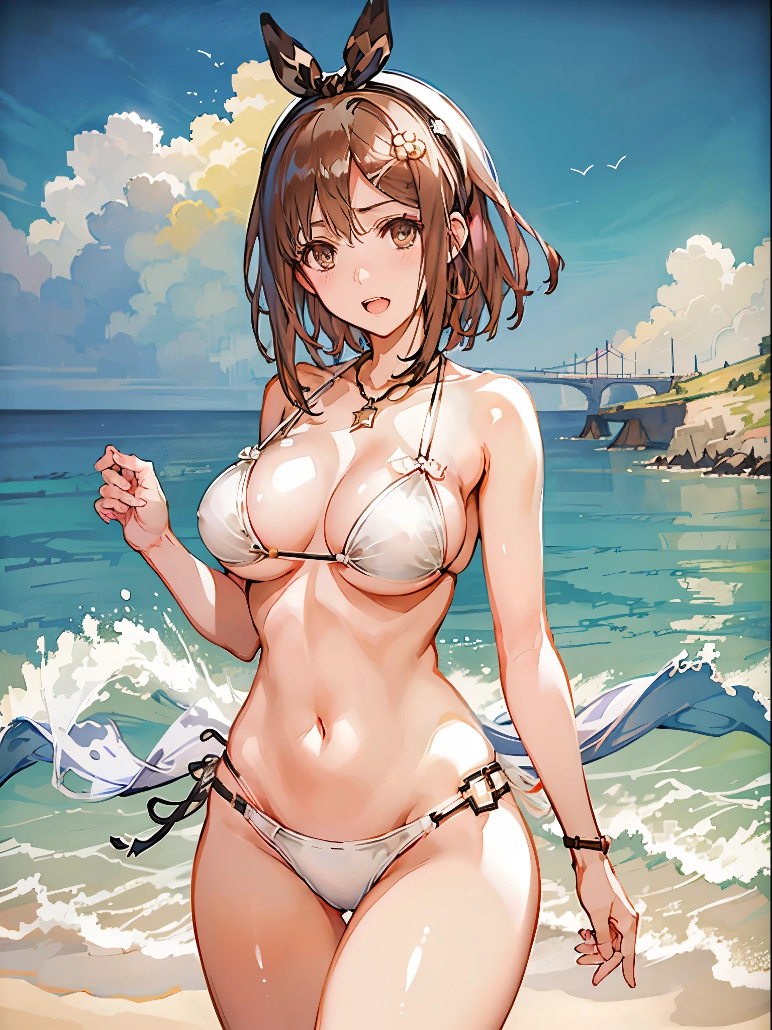 (Best Quality, 4K, 8K, hight resolution, masutepiece:1.2), Ultra-detailed, (Realistic, Photorealsiticです, Photorealsitic:1.37),  Mature Woman,((Beach)),masutepiece, Highest Quality, Ultra-fine,max resolution, Extremely detailed, ((White Bikini)),thong,cleavage of the breast,Rat trail section,buttock.happily face,Open mouth,Seductive thighs