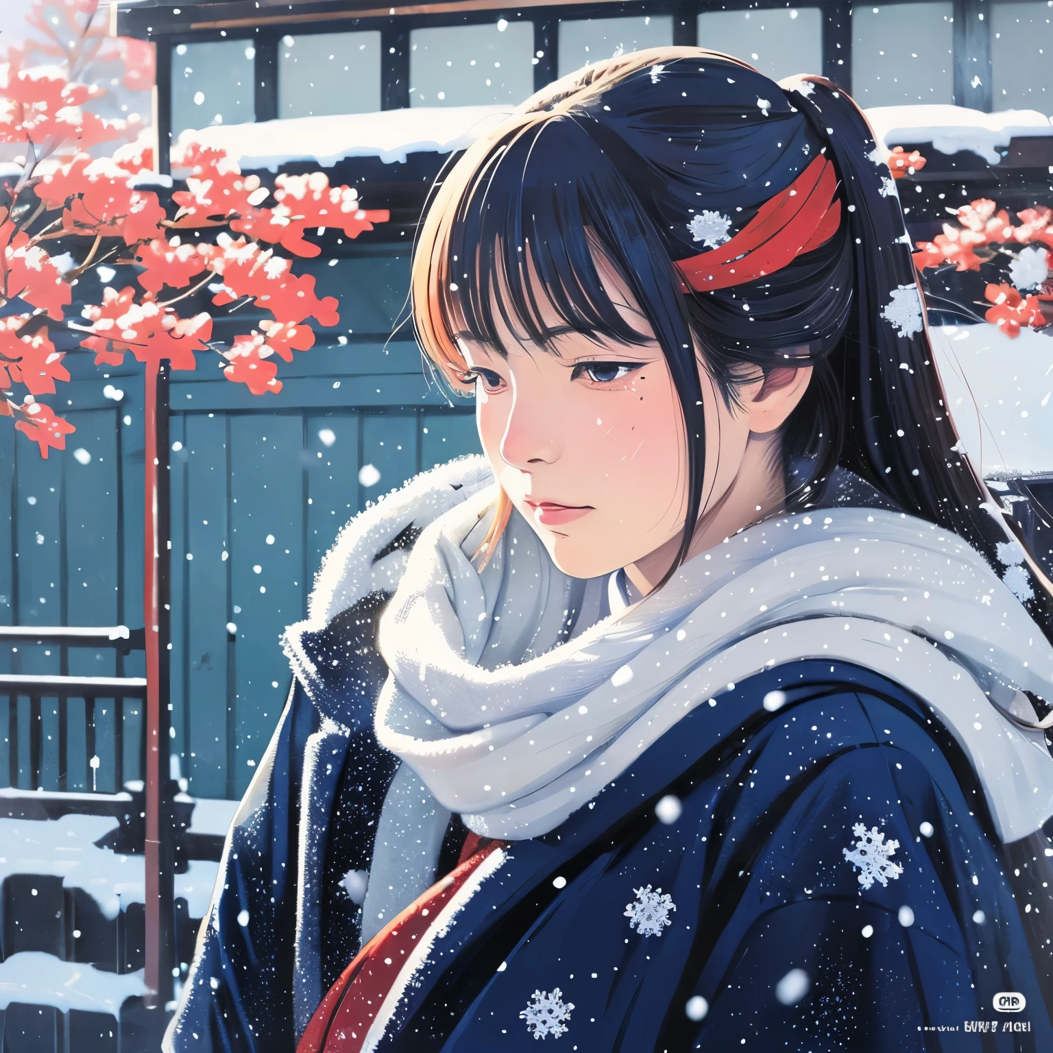 Illustration style、Showa Anime、ukiyoe painting、Woman、(Snow)、((Sensitive))、A single tear