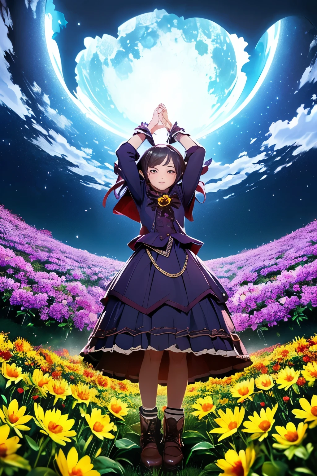 Expansive landscape photograph , (Look from below,Above is the sky,Below are open fields), (girl:2), (flowerfield:2)(moon full:1.2), ( meteors:0.9), (Starcloud:1.3), Far Mountain, tree folding art, (Warm light source:1.2), (glowworm:1.2), lamp lights, lots of purples and oranges, Complicated details, Volumetric lighting BREAK (tmasterpiece:1.2), (Best quality at best), 4K, ultra - detailed, (dynamic compositions:1.4), The is very detailed, Colorful details,( Irridescent color:1.2), (luminouslighting, Ambient lighting), dream-like, magical, (Alone:1.2)