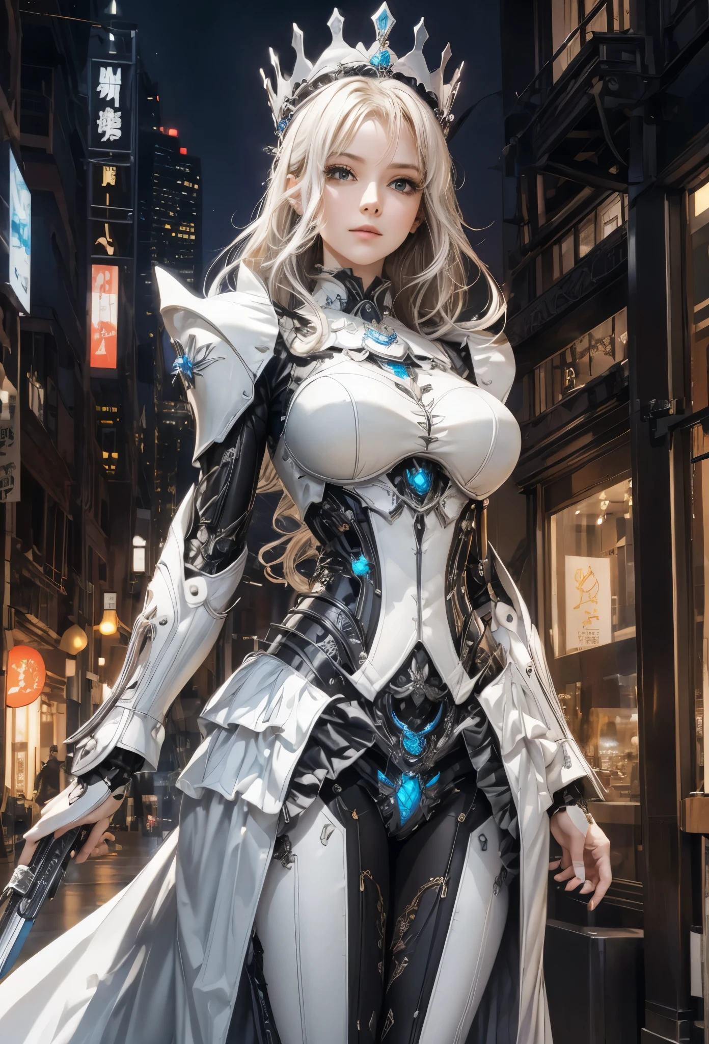 (Detailed illustrations,Very detailed and detailed drawing,Delicate lines with slow and rapid,Realistic texture expression),[Color tressed main line],[Modern city skyscrapers background],(ANIME)(A pure white GIANTROBOT Girl towering over the building area(SKINNY[SLENDER])),[AUTOMATON](A painstaking face like a sculpture[METALFACE[青白く発光するJewel-like eyes]])[(MACHINEKNIGHT)[Titanium internal skeleton](Delicate thin fingers)]],((Elegant exterior with many curved surfaces [smooth body surface])(large crown [[large raised shoulder pad]](Ruffle Petticoat))),[TITANWEAPON[It is called the princess lily of white porcelain]Mecha Body[Metal skin][Cable running down the body surface[gear wheel]]],[Platinum coating],[科幻小说(Electromechanical)[Steampunk]],([beautiful and artistic decoration][Dense detail [White lily pattern]])[Transparency],(detaileds,high-detail),(Precisely drawn face[(Perfect and beautiful face)[Jewel-like eyes]]),[long and beautiful eyelashes],[Meticulously drawn hair [美しく艷やかな髪のdetaileds]],(完璧な手のdetaileds [Beautiful fingers without breakdowns [Beautiful nails]]),(Perfect Anatomy(Perfectly proportioned)),[Ideal color coordination(Accurate simulation of light-material interactions)],([Precision Detail](detaileds,high-detail)),(Huge feeling[Total length 40 meters])[[Full body like]][Visual art that conveys a sense of narrative].