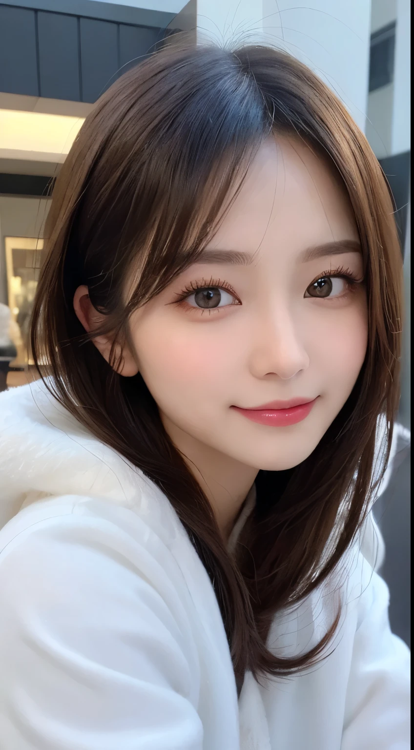 masutepiece, Best Quality, Illustration, Ultra-detailed, finely detail, hight resolution, 8K Wallpaper, Perfect dynamic composition, Beautiful detailed eyes, Gorgeous black fluffy Tokyo winter clothes,random cute hair,small tits,Natural Color Lip, Bold sexy poses,Smile、20 years girl、Cute、Sexy shot looking at camera,Always blur the background,Perfect and beautiful face,Take only the face,beautiful and detailed face、slim face and style,Big eyes、Do gal makeup