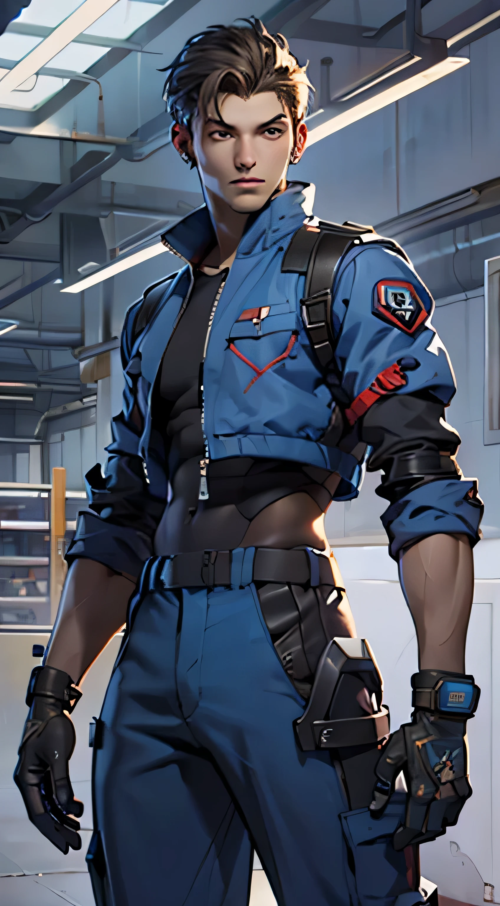 11:23(((Best quality at best: 1.4))),(Unbeatable masterpiece), (hyper HD),(Hyper-realistic 8k CG)、(dark colored hair),(Tech mech), ((( body))), (((1 girl in))), 25-year-old American soldier with perfect body,,Beautiful and well-groomed face,muscular body:1.2,Solid royal blue jacket with details, (Pictures from head to thighs), Complex equipment, royal blue,long trousers,The clothes inside are dark,Clothes with armored metal electronic parts, Poison tattoos )