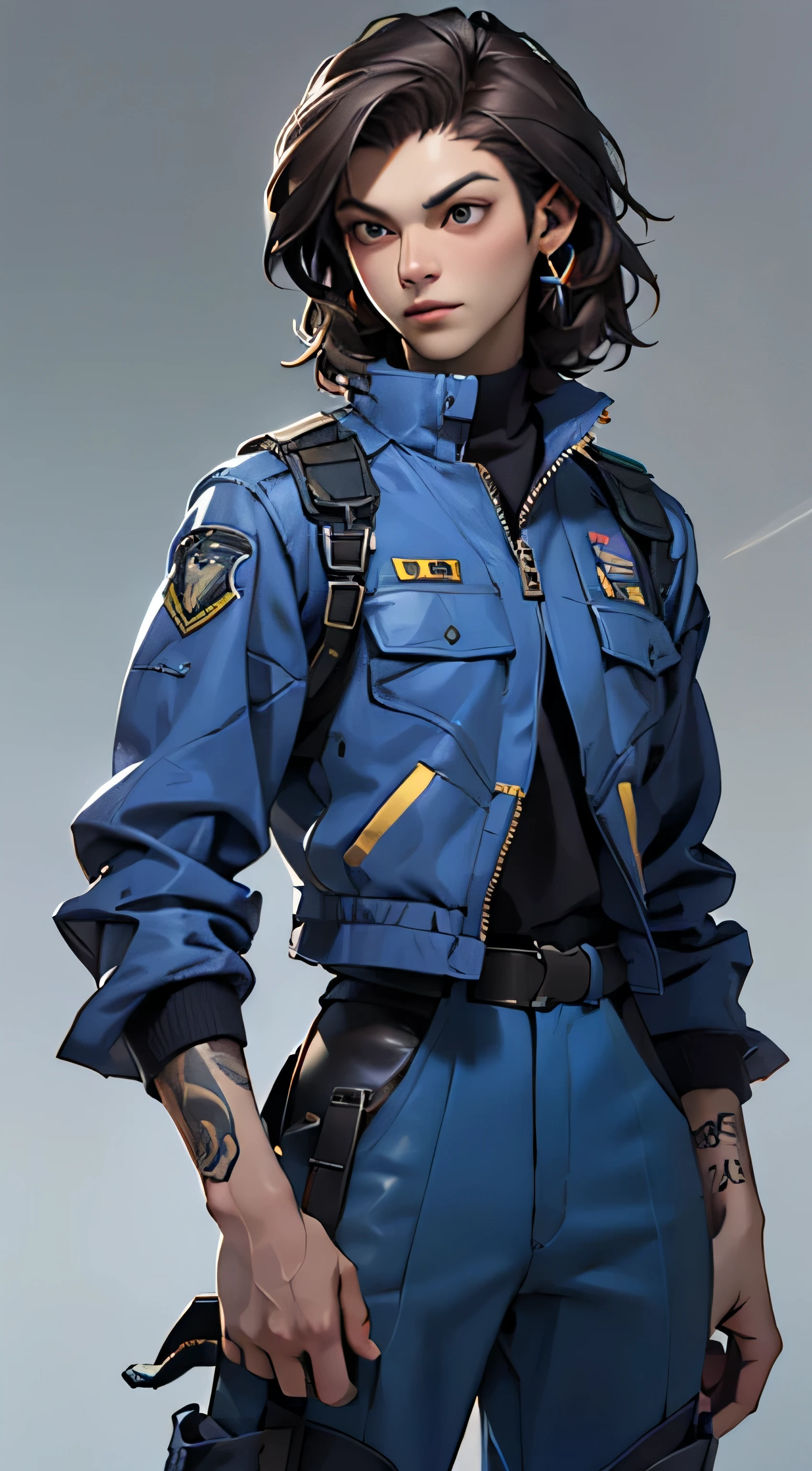 11:23(((Best quality at best: 1.4))),(Unbeatable masterpiece), (hyper HD),(Hyper-realistic 8k CG)、(dark colored hair),(Tech mech), ((( body))), (((1 girl in))), 25-year-old American soldier with perfect body,,Beautiful and well-groomed face,muscular body:1.2,Solid royal blue jacket with details, (Pictures from head to thighs), Complex equipment, royal blue,long trousers,The clothes inside are dark,Clothes with armored metal electronic parts, Poison tattoos )
