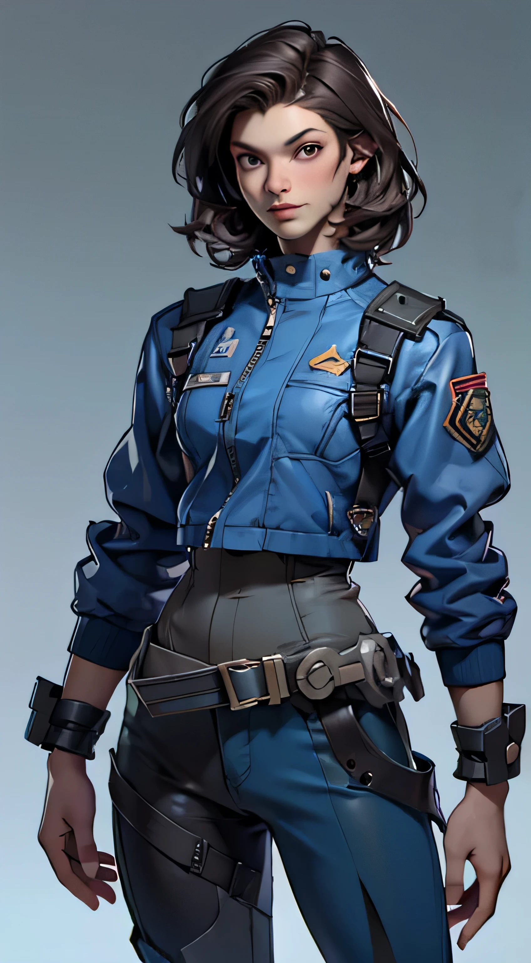 11:23(((Best quality at best: 1.4))),(Unbeatable masterpiece), (hyper HD),(Hyper-realistic 8k CG)、(dark colored hair),(Tech mech), ((( body))), (((1 girl in))), 25-year-old American soldier with perfect body,,Beautiful and well-groomed face,muscular body:1.2,Solid royal blue jacket with details, (Pictures from head to thighs), Complex equipment, royal blue,long trousers,The clothes inside are dark,Clothes with armored metal electronic parts, Poison tattoos )