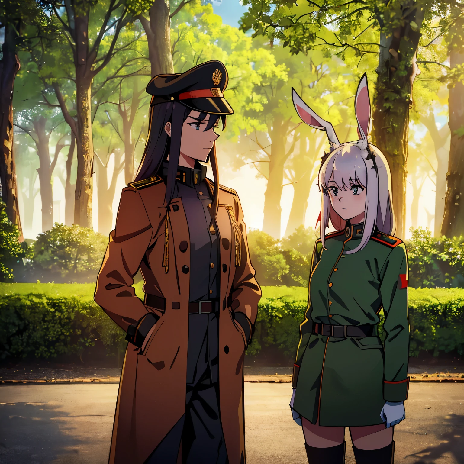 (a girl in a garden,illustration,detailed background,high quality,
vibrant colors,warm lighting)

(2 soldiers standing in front, military uniforms, military coats, Soviet style,
commissar, female, Frost Star, bunny ears; 
1 soldier standing in front, military uniform, military coat, Soviet style,
commissar, young, male)

(a girl in a garden,illustration,detailed background,high quality,
vibrant colors,warm lighting)

(two individuals standing in front, wearing military uniforms and military coats in a Soviet style
One is a commissar, a female with bunny ears, known as Frost Star
The other is a young male commissar)