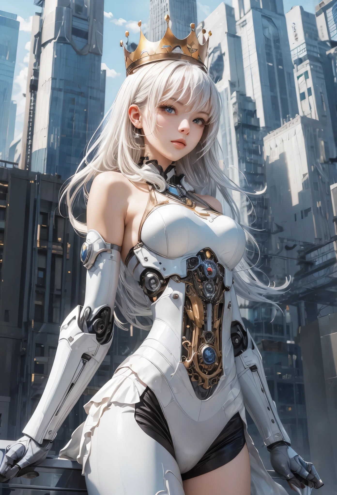(Detailed illustrations,Very detailed and detailed drawing,Delicate lines with slow and rapid,Realistic texture expression),[Color tressed main line],[Modern city skyscrapers background],(ANIME)(A pure white GIANTROBOT Girl towering over the building area(SKINNY[SLENDER])),[AUTOMATON](A painstaking face like a sculpture[METALFACE[青白く発光するJewel-like eyes]])[(MACHINEKNIGHT)[Titanium internal skeleton](Delicate thin fingers)]],((Elegant exterior with many curved surfaces [smooth body surface])(large crown [[large raised shoulder pad]](Ruffle Petticoat))),[TITANWEAPON[It is called the princess lily of white porcelain]Mecha Body[Metal skin][Cable running down the body surface[gear wheel]]],[Platinum coating],[科幻小说(Electromechanical)[Steampunk]],([beautiful and artistic decoration][Dense detail [White lily pattern]])[Transparency],(detaileds,high-detail),(Precisely drawn face[(Perfect and beautiful face)[Jewel-like eyes]]),[long and beautiful eyelashes],[Meticulously drawn hair [美しく艷やかな髪のdetaileds]],(完璧な手のdetaileds [Beautiful fingers without breakdowns [Beautiful nails]]),(Perfect Anatomy(Perfectly proportioned)),[Ideal color coordination(Accurate simulation of light-material interactions)],([Precision Detail](detaileds,high-detail)),(Huge feeling[Total length 40 meters])[[Full body like]][Visual art that conveys a sense of narrative].