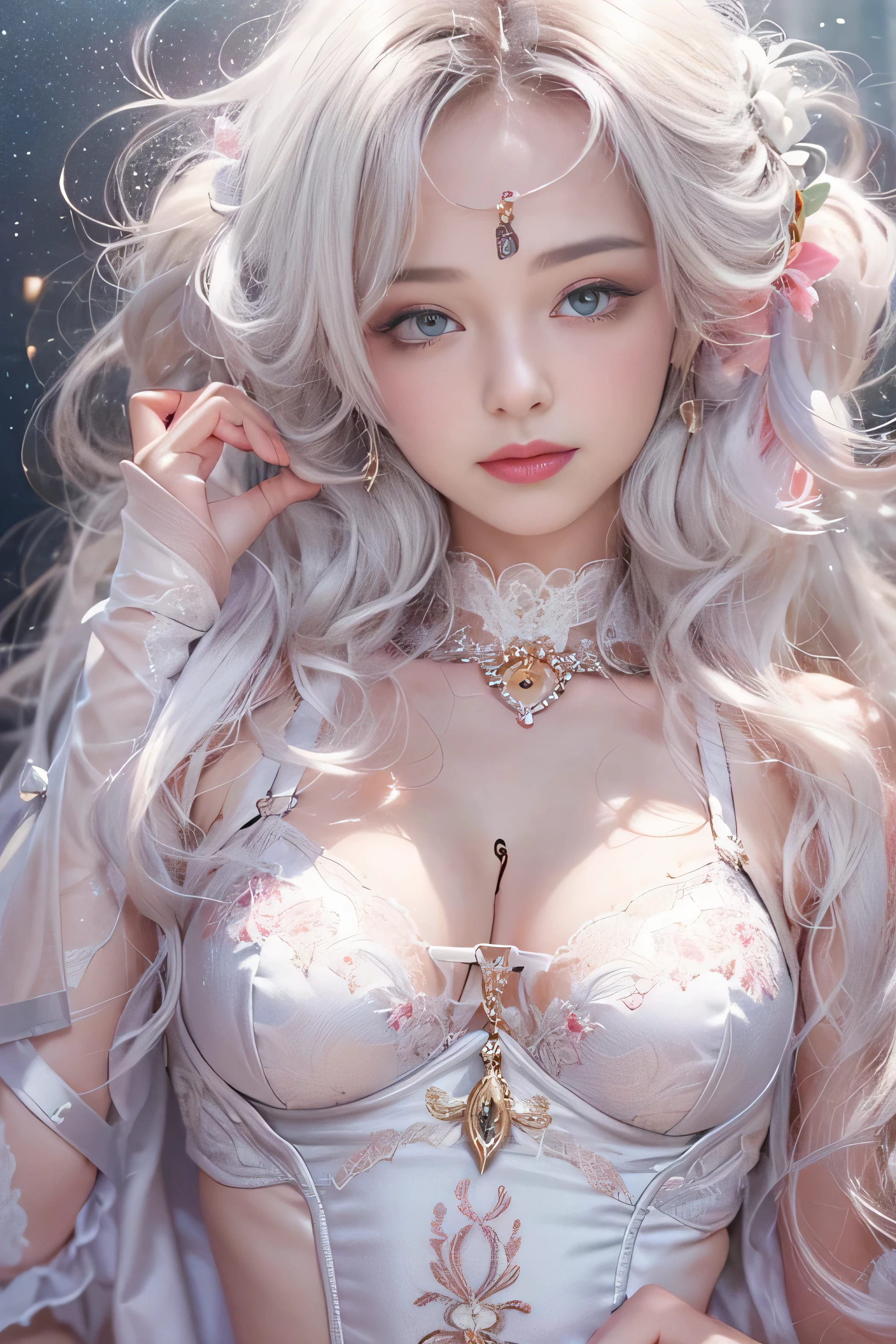 ((tmasterpiece:1.4)、(top-quality:1.4)、(reallistic:1.7))、Surreal portrait of a beautiful girl、超a beauty girl、((1girl in:1.4))、Shiny natural skin texture、authority luis royo（By Luis Royo）、age19、(Two arms:1.4、Two legs:1.4)、(perfect anatomia:1.4)、(完璧な女性のBody:1.4)、Portrait of a girl、接写Body撮影ティナステピース:1.4), (top-qualityの:1.4), (Realistic:1.7), a beauty girl, 超a beauty girl, ((1girl in:1. 4), Shiny natural skin texture, authority luis royo, age19の, (完璧な女性のBody: 1.4), (完璧な女性のBody: 1.) 4), Portrait of a girl, a closeup、Body）, Fantasy Art, Soft front light, Beautiful expression, Kawaii face, Beautiful breasts, Large Full Breasted: 1. 2, Beautiful buttocks, Fine eyes, Clear and eye-catching, beautiful and alluring, Beautiful eyes, thin waist, Unripe, Red lips, ((White hair, Long hair)) , 1 Screen View, ((Woman on all fours on silk bed)), (sexyposture), (the milky way in the sky),((Red T-back panties))、((red garter and garter belt))、(A smile),((posterior view))、((Looks Back))、((Vaginal orchids)）、((The erection)）