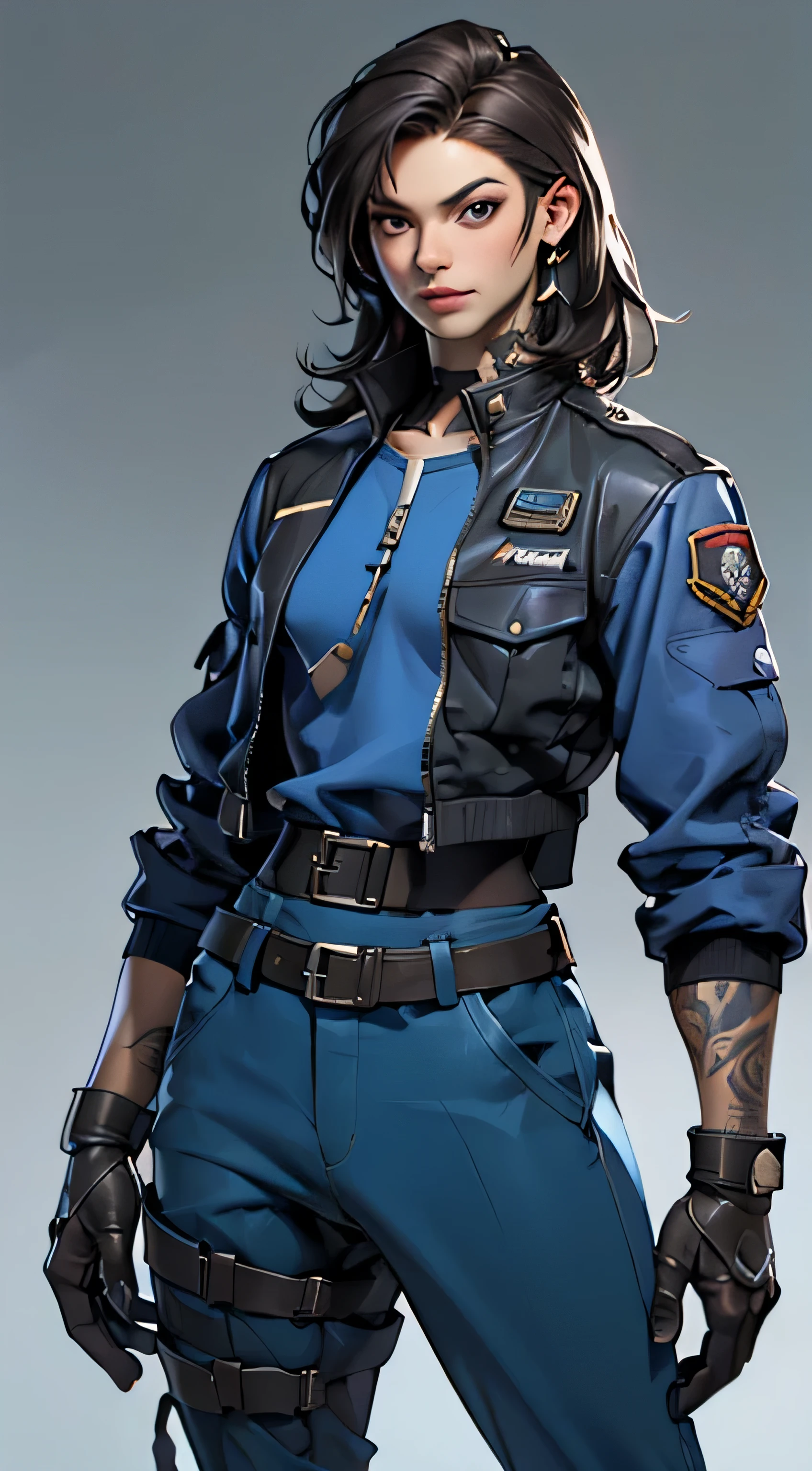 11:23(((Best quality: 1.4))),(Unbeatable masterpiece), (hyper HD),(Hyper-realistic 8k CG)、(dark colored hair),(Cross one hand at waist),(Tech mech), ((( body))), (((1 girl in))), 25-year-old American soldier with perfect body,,Beautiful and well groomed face,muscular body:1.2,Solid royal blue jacket with details, (Pictures from head to thighs), Complex equipment, royal blue,long trousers,The clothes inside are dark,Clothes with armored metal electronic parts, Poison tattoos )