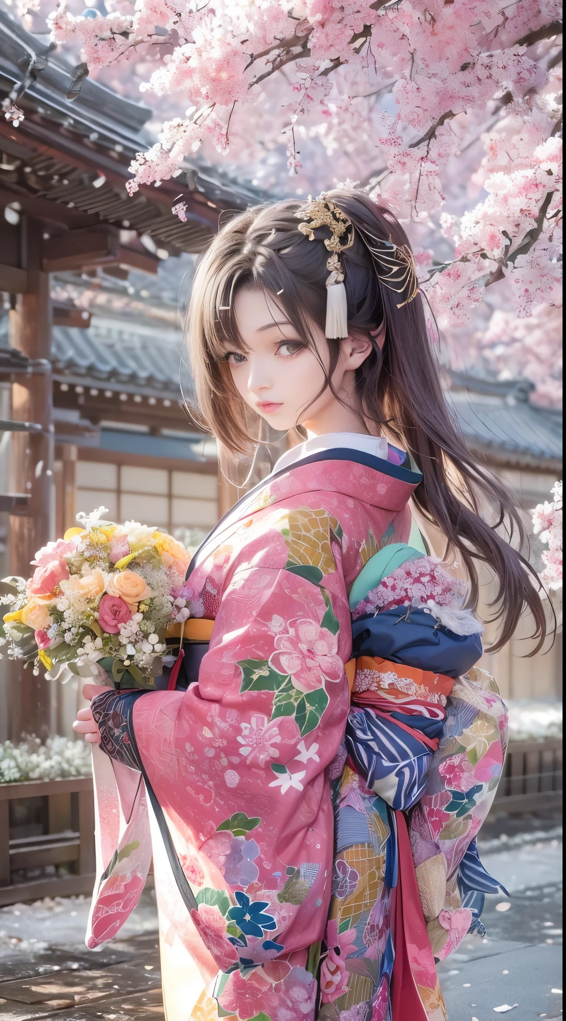 (New Year's scenery of Japan), 8K, ((masutepiece)),(((top-quality))),((Ultra-detailed)),((((Realistic)))), (Photorealsitic:1.4), (A hyper-realistic), (illustratio), (hight resolution), (ighly detailed), (The best illustrations), (Ultra-detailed細), (walls), (详细的脸), (Beautiful expression), ((詳細 top-qualityのスキン:1.4)), Depth of subject、 (Ultra-detailed細な背景, Detailed background), (Beautiful and aesthetic: 1.2), Extremely detailed, 1 Women, Solo, Captivate the audience with gorgeous costumes，The upper part of the body，(Woman in Kimono:1.5), A woman wearing a kimono and standing bare skin, (kimono with embroidery), ((cute pink kimono)), ((girl&hair wrapped with hairpins)), Kadomatsu, gorgeous new year decorations, A large company decorated with gold leaf, At the shrine shining in the morning sun,