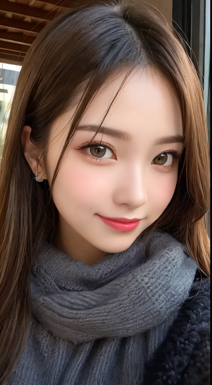 masutepiece, Best Quality, Illustration, Ultra-detailed, finely detail, hight resolution, 8K Wallpaper, Perfect dynamic composition, Beautiful detailed eyes, Gorgeous black fluffy Tokyo winter clothes,random cute hair,small tits,Natural Color Lip, Bold sexy poses,Smile、20 years girl、Cute、Sexy shot looking at camera,Always blur the background,Perfect and beautiful face,Take only the face,beautiful and detailed face、slim face and style,Big eyes、Do gal makeup