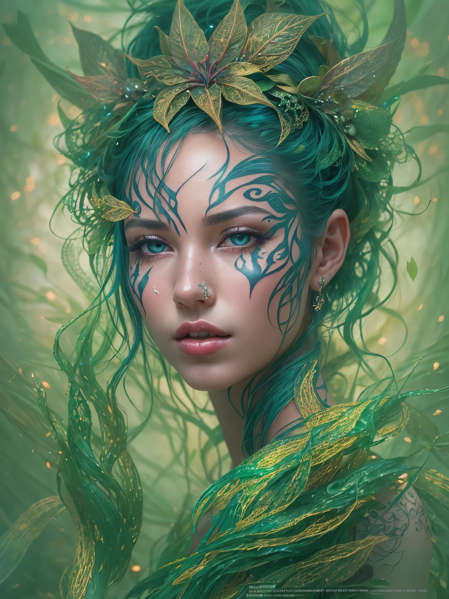 In this stunning image, we see a captivating Forest Nymph portrayed as beautiful and youthful. Her green skin suggests her connection to nature. The unique armor she wears is composed of a parasitic plant that grows from her, showcasing her symbiotic relationship with the environment. The nymph's forehead is adorned with vibrant green tattoo lines that emanate an enchanting green glow, adding an otherworldly allure. On the left hand, intricate white tattoo lines shimmer and radiate with a pure, celestial brilliance. Contrasting elegantly, the tattoo lines on the right hand gleam with a mesmerizing blue luminescence, evoking a sense of tranquility and serenity. The nymph's graceful form reveals lines on her back that emit a passionate, fiery red glow, hinting at an inner power.This captivating image, it be a dazzling a mesmerizing photograph, is of outstanding quality, capturing each radiant detail. The intricacy and vividness of the nymph's luminou.