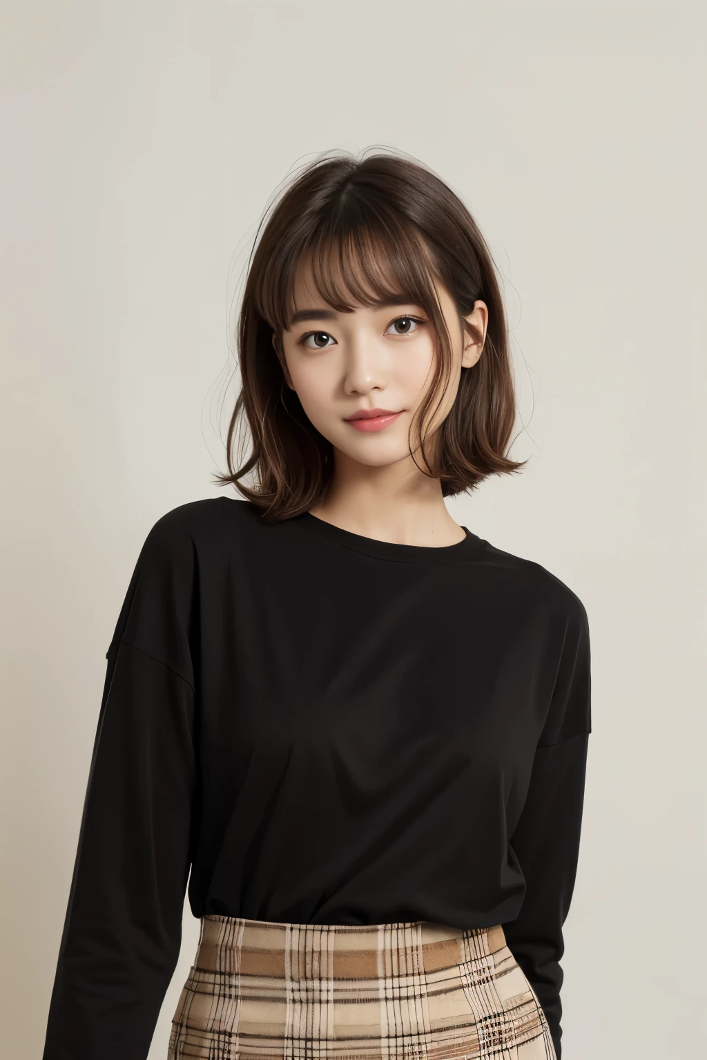 masterpiece、一人のBeautuful Women、A detailed face、A detailed eye、Detailed skin、top-quality、japanes、常に真frontageを向く、White background,、28 year old、I'm wearing a plain black long-sleeved T-shirt.、Smile、short-cut、brown fluffy hair, Soft light, Beautuful Women、bright expression、(is standing)、frontage、Smaller chest、(Keep your upper body facing straight ahead.....),Wearing a long plaid skirt , FULL BODYSHOT,So that the whole body is reflected, White background, Bob Heyer.,keep your chest straight ahead..,Natural light、Black Long Sleeve T-Shirt、Wearing a black long-sleeved T-shirt.、
