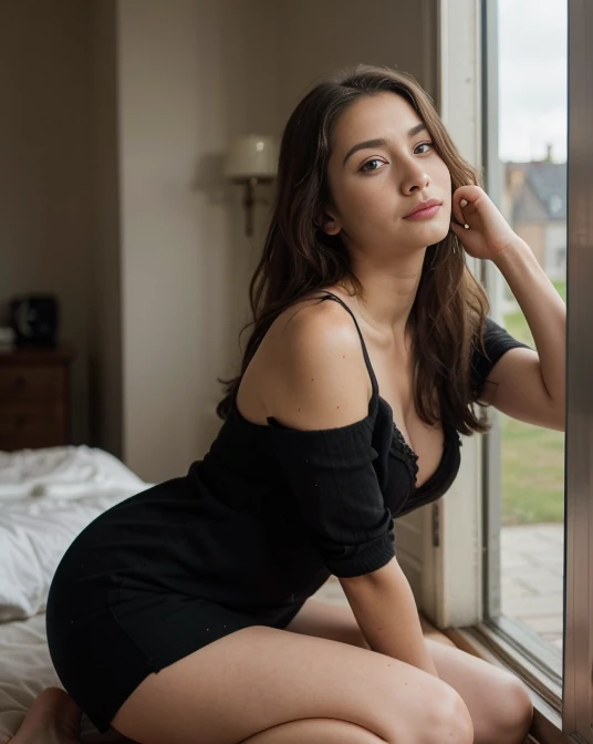 Cute beautiful sexy European light-green-eyed brunette, 22 years old, 

looking up, full body shot,  showing off black dress, bare legs, old castle,

tiny waist, very detailed, innocent face, face-length 1.3 times the face-width, almond-shaped eyes, squared face-shape, high cheekbones, naturally wavy hair, light-green eyes, high-res, masterpiece, best quality, intricate details, very detailed, sharp focus, detailed skin, realistic skin texture, texture, detailed eyes, professional, 4k, charming smile, shot with Canon, light depth of field, Kodak Vision color, perfectly fitting body, extremely detailed, photo_\( ultra\), photorealistic, realistic, post processing, maximum details, roughness, real life, ultrarealistic, photorealism, photography, 8k UHD, photography, not looking the camera , right side view