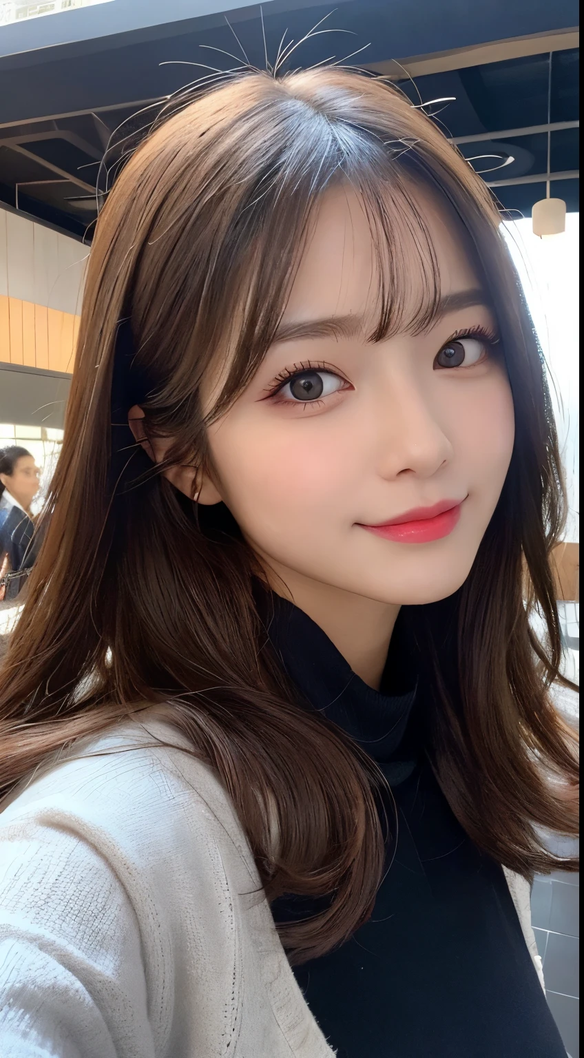 masutepiece, Best Quality, Illustration, Ultra-detailed, finely detail, hight resolution, 8K Wallpaper, Perfect dynamic composition, Beautiful detailed eyes, Gorgeous black fluffy Tokyo winter clothes,random cute hair,small tits,Natural Color Lip, Bold sexy poses,Smile、20 years girl、Cute、Sexy shot looking at camera,Always blur the background,Perfect and beautiful face,Take only the face,beautiful and detailed face、slim face and style,Big eyes、Do gal makeup