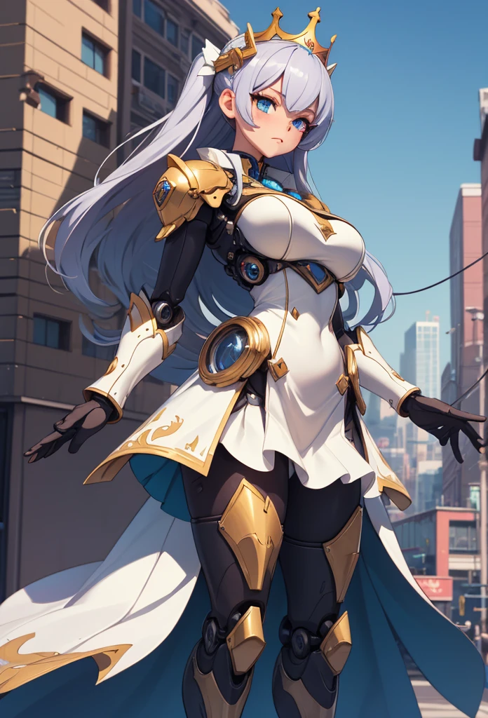 (Detailed illustrations,Very detailed and detailed drawing,Delicate lines with slow and rapid,Realistic texture expression),[Color tressed main line],[Modern city skyscrapers background],(ANIME)(A pure white GIANTROBOT Girl towering over the building area(SKINNY[SLENDER])),[AUTOMATON](A painstaking face like a sculpture[METALFACE[青白く発光するJewel-like eyes]])[(MACHINEKNIGHT)[Titanium internal skeleton](Delicate thin fingers)]],((Elegant exterior with many curved surfaces[smooth body surface])(large crown [[large raised shoulder pad]])(Ruffle Petticoat)),[TITANWEAPON[It is called the princess lily of white porcelain]Mecha Body[Metal skin][Cable running down the body surface[gear wheel]]],[Platinum coating],[科幻小说(Electromechanical)[Steampunk]],([beautiful and artistic decoration][Dense detail [White lily pattern]])[Transparency],(detaileds,high-detail),(Precisely drawn face[(Perfect and beautiful face)[Jewel-like eyes]]),[long and beautiful eyelashes],[Meticulously drawn hair [美しく艷やかな髪のdetaileds]],(完璧な手のdetaileds [Beautiful fingers without breakdowns [Beautiful nails]]),(Perfect Anatomy(Perfectly proportioned)),[Ideal color coordination(Accurate simulation of light-material interactions)],([Precision Detail](detaileds,high-detail)),(Huge feeling[Total length 40 meters])[[Full body like]][Visual art that conveys a sense of narrative].