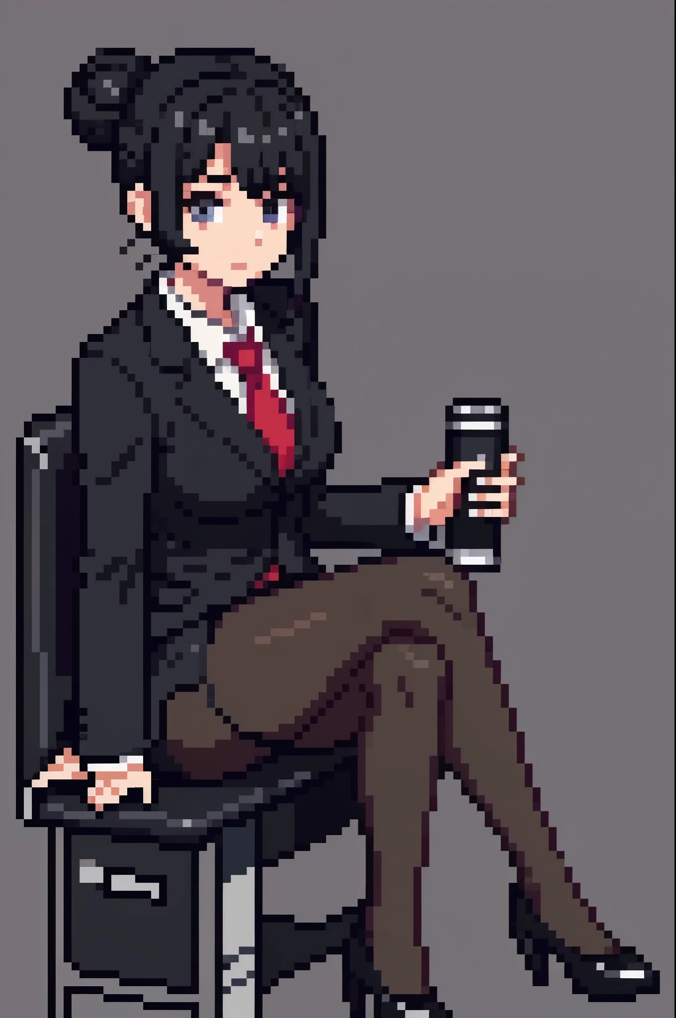 1woman, black hair, hair in a bun, angelic face, two piece sheath skirt, black pantyhose, black tights, high heels, female office secretary outfit, sitting with legs crossed, office cubical background, 8k uhd, dslr, soft lighting, high quality, photorealistic, realism, hyperrealism, art photography.