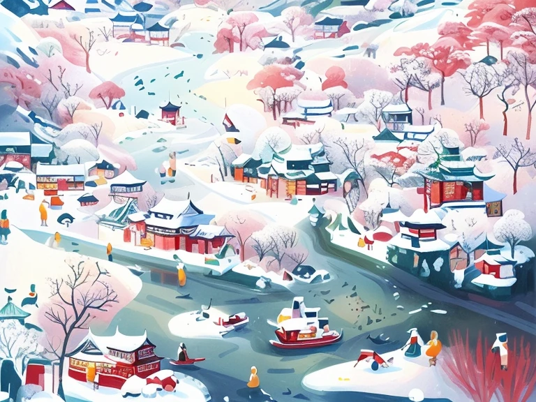 Close up of a poster of a snowy town with a river, Inspired by Wu Guanzhong, Inspired by Wang Yuanqi, Sheng style artwork beautiful artistic illustration, Beautifully illustrated, China Village, Inspired by Liu Jue, Inspired by Huang Binhong, brittney lee, Chinese landscape, by Xia Gui, Inspired by Li Keran