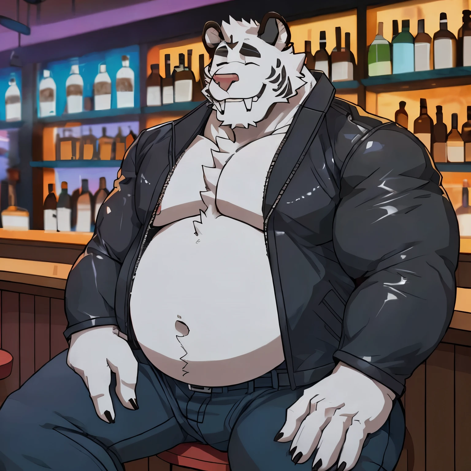 axel cosmas , solo, leather jacket, blue jeans, plump, huge, bar background, nipples, big belly, big ass, eyes shut, sitting on a seat, 5 fingers, musclegut body, lineart, normal eyes