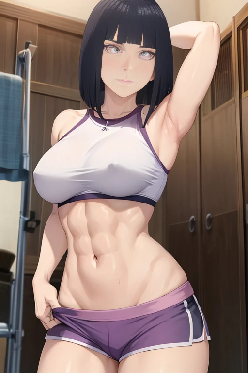 masterpiece, absurdres , (intricate details), (colorful),cinematic lighting,bust shot,extremely detailed CG unity 8k wallpaper ,hinata\(Boruto\), 1girl, solo,mature female, slim body type. arm up, looking at viewer, sports bra, sports dolphin shorts. Gym Background, Locker room,cowboy shot, athletic Abs detailed, biceps triceps pumped up, body sweat glow,