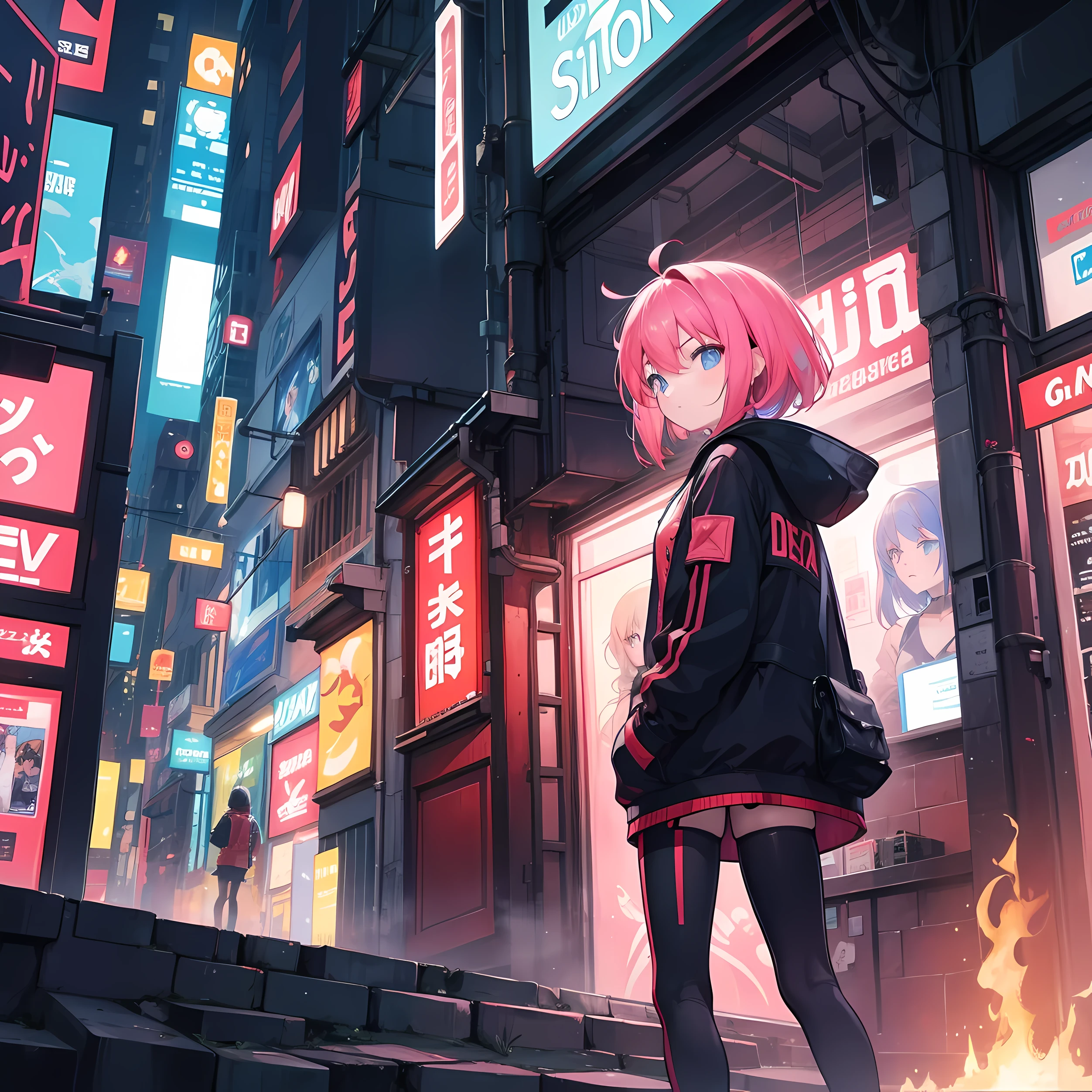 une petite fille locataire d'A little notre in the chamas in the street in a cyberpunk town with les neons and les chamas au fond, sideview, avec des flammes de feu dans le ciel et dans les rues. style : Anime mignon.