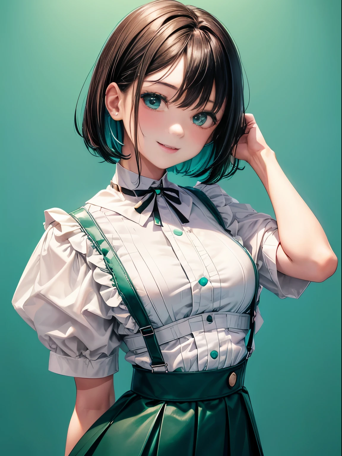 1womanl,ar old,ttsun bangs、Black hair short bob、Kawaii Girl、Green eyes、Choker around the neck、(Teal High Waist Skirt:1.3),, (whiteshirt:1.3), (double-breasted,Underbust:1.2), Short sleeves, buttonGap,A smile,small tits,suspenders,((One color background))