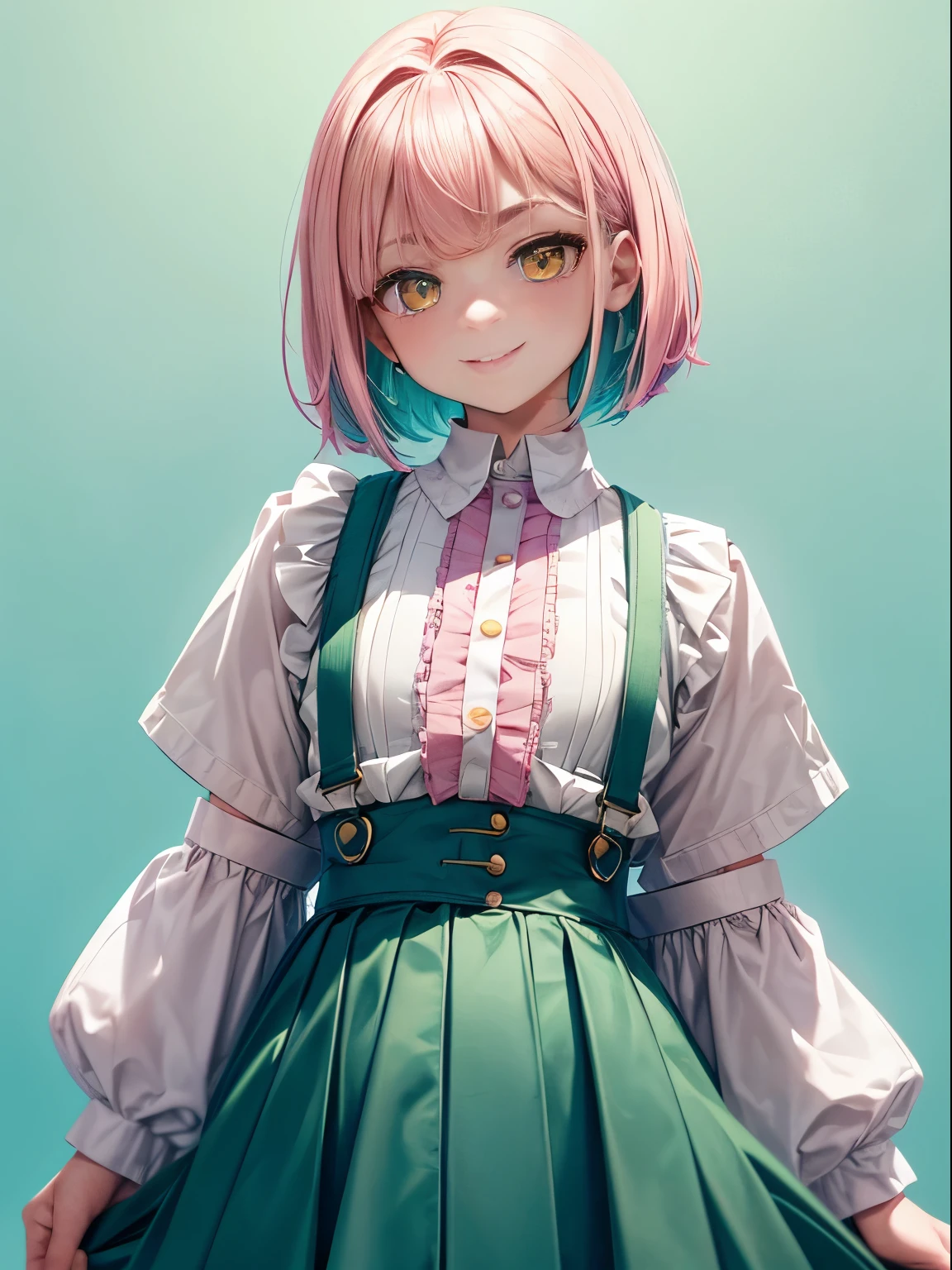 1womanl,12year old, Yellow eyes、 Pink Short Bob、Bangs at the top of the eyebrows、short bangs、(Teal High Waist Skirt:1.3),, (whiteshirt:1.3), (double-breasted,Underbust:1.2), Short sleeves, buttonGap,A smile,small tits,suspenders,((One color background))