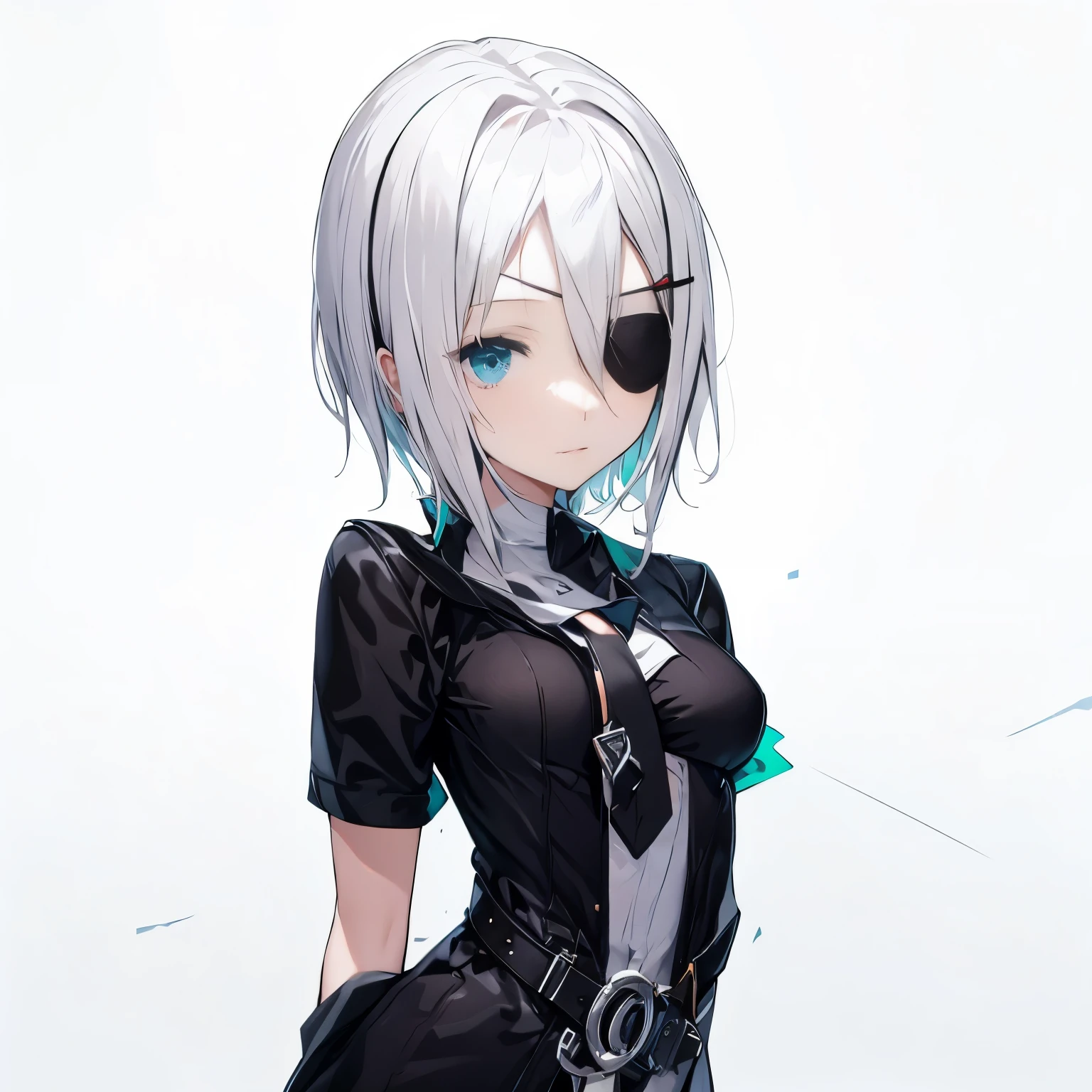 【Highest Quality, masutepiece】 [1 girl, black eyepatch:1.3) ,Manteau, expressioness, front facing,(turquoise eye:1.3, White hair, short cut hair , over size jacket,  Upper body,] (Gray white background:1.3),