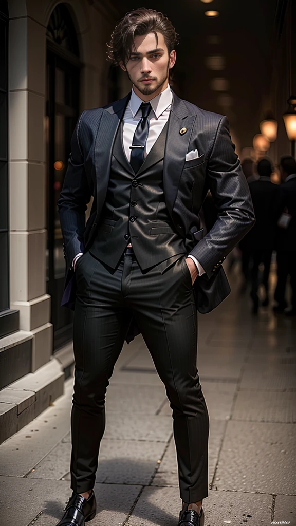 Full body shot of Man,tan skin color,formal clothing, buff physique, chiseled jawline, black hair, deep brown eyes, anime, 3d, hyper realistic,alpha male,handsome, detailed face