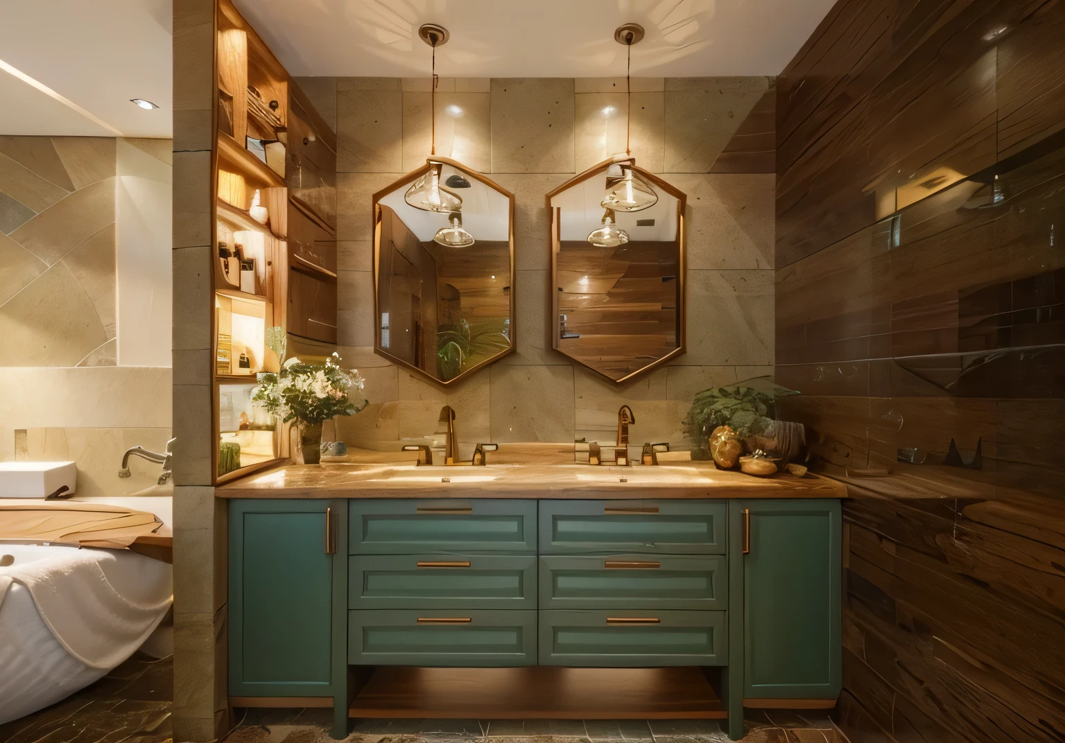 Color: Primary Colors: Utilize earthy tones such as brown, gray, yellow, or terracotta to establish the foundation of the space. Deep brown or natural wood can serve as the primary color. Distinctive Colors: Introduce intense colors like deep green, sea green, or deep blue through decorative details, flooring materials, or accessories to create focal points. Layout and Design: Use of Natural Materials: Incorporate natural wood, stone, or tiles to create a space that feels connected to Vietnamese culture and nature. Traditional Details: Traditional patterns, embroidery, or imagery can be employed on tiles, walls, or decorative materials to accentuate the space. Open and Spacious Arrangement: Create an open space to optimize natural light and space, fostering a comfortable and airy atmosphere. Decoration and Highlights: Furniture and Decorative Items: Utilize wooden furniture, natural materials, or intricately carved traditional decorative items to serve as focal points. Greenery and Accessories: Incorporate indoor plants like bonsai or decorative items made of ceramics, gemstones in a traditional style to establish a connection with nature. Combining impressive colors, natural materials, and traditional decorative details will create a distinctive, sophisticated Indochine Vietnam-styled WC while preserving the unique beauty of Vietnamese culture.
