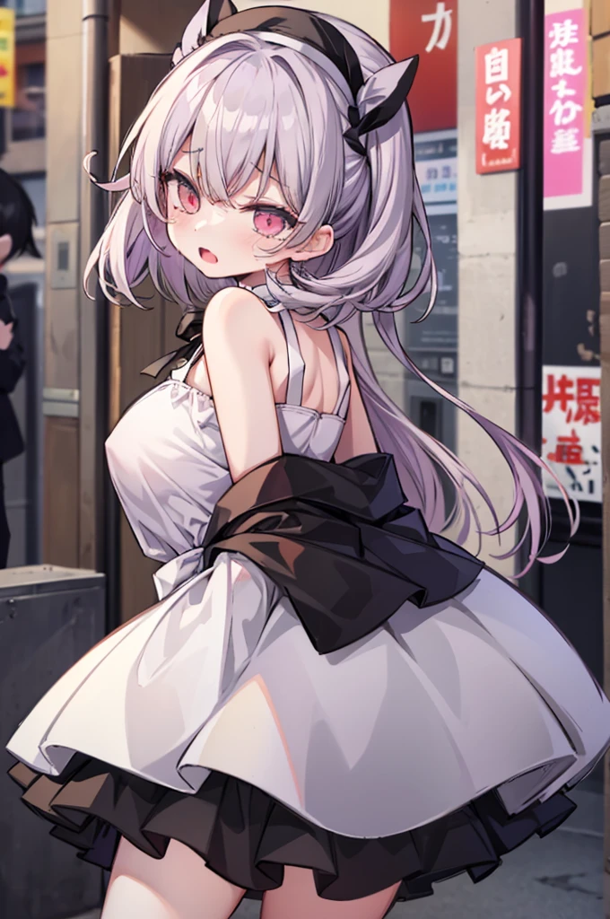 masterpiece, highest quality, High resolution, One side up, Black sexy dress, Long sleeve, clavicle, Outdoor, Are standing, Cowboy Shot, (Dress Lift:1.2), (Embarrassing、、blush)、[Covered nipples]、Camel Toe、(Toshi Station、background of crowd wearing suits)、tights、vagina