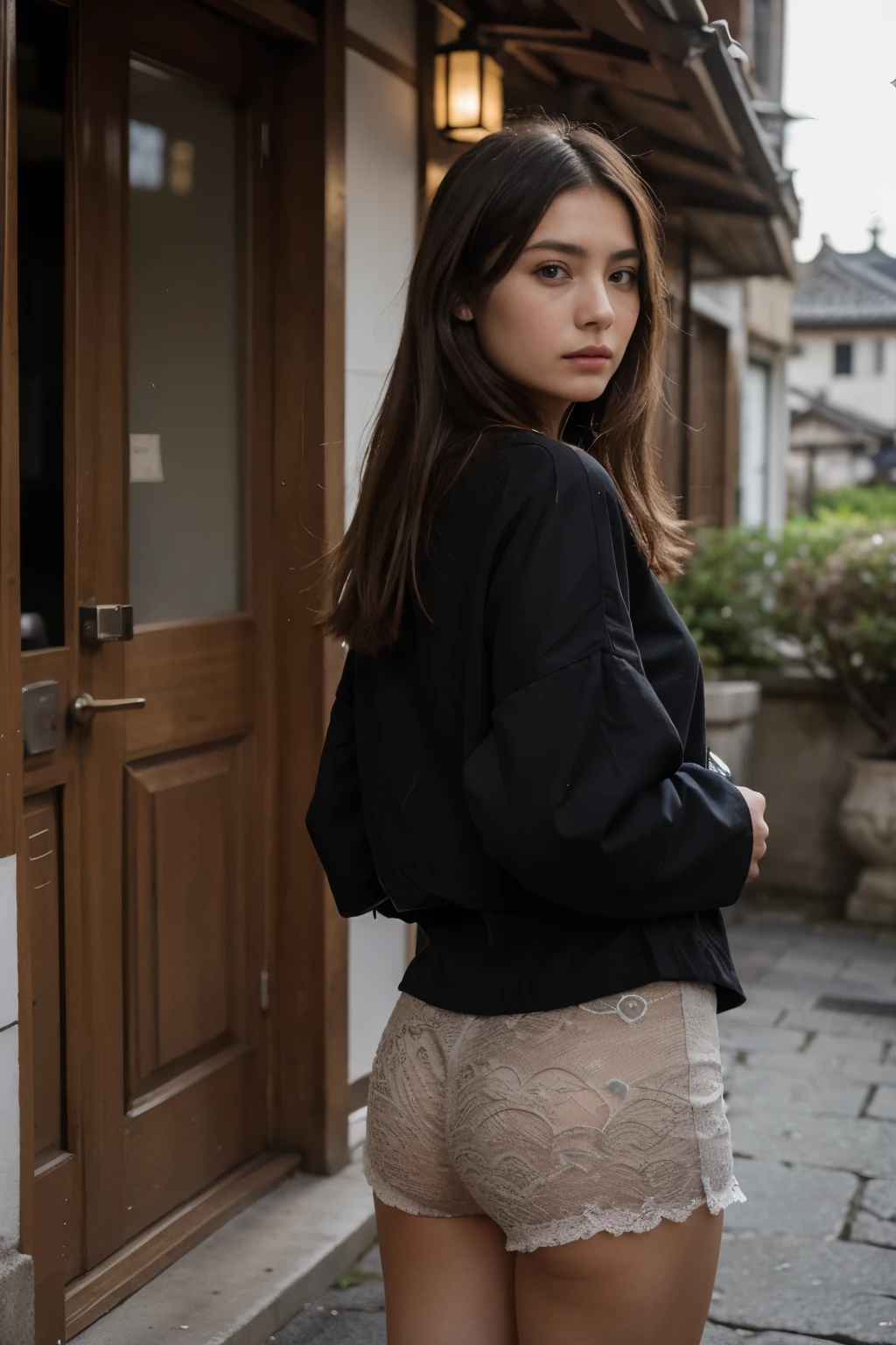 ((Best quality)), ((Masterpiece)), (Detailed), Beautiful French brunette, cheveux longs, fashion clothes, noir, haleter, devant un temple japonais