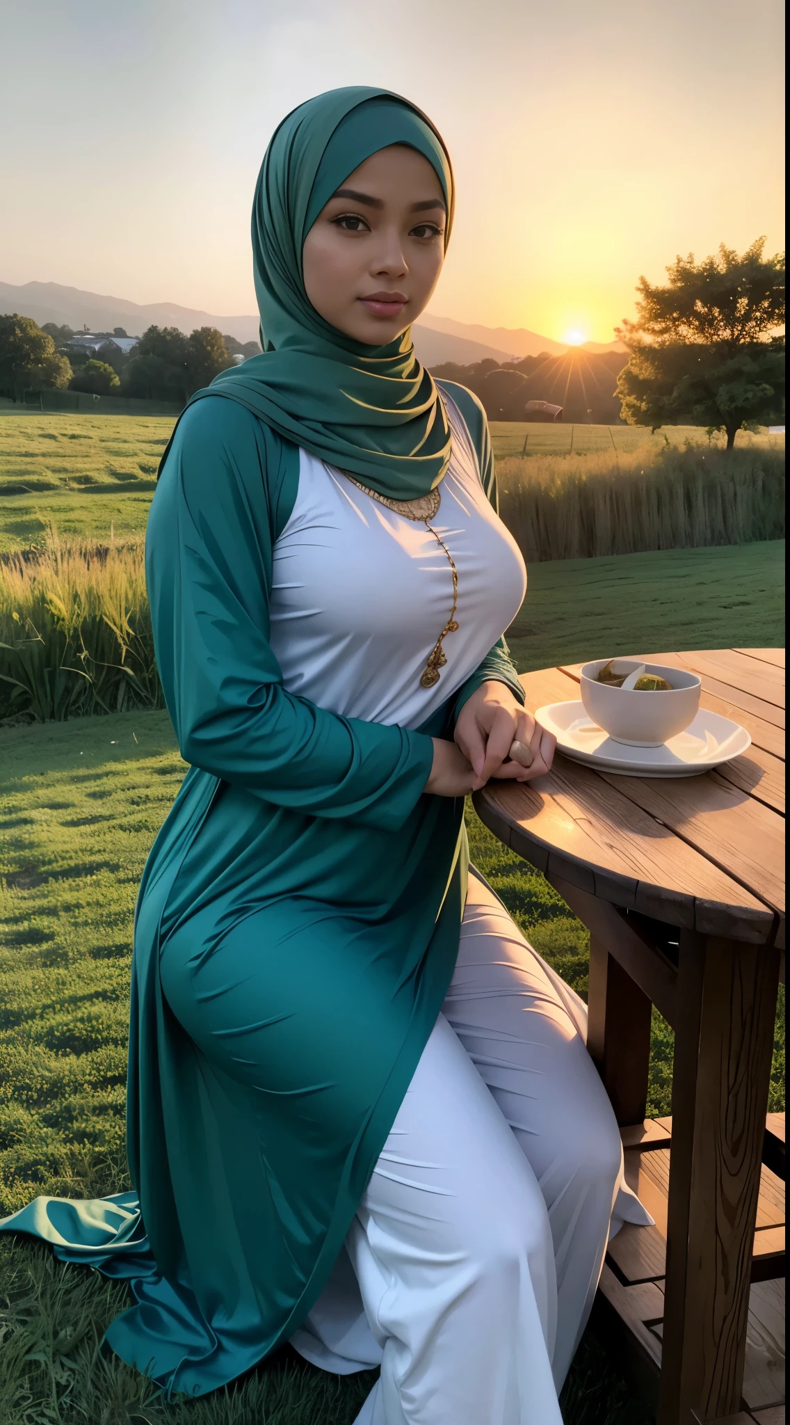 RAW, Best quality, high resolution, works: 1.3), Malay beautiful woman in hijab, Masterpiece, perfect fit body, big breasts, big beautiful eyes, Soft smile, beautiful face, woman sitting at a table in a green meadow, traditional beauty, moment sunset, in the field, in the countryside, beautiful woman, with the sunset, long soft silk dress, on a wooden table, hijab, beautiful woman, the background is heavenly, with a beautiful appearance, an exquisite masterpiece, a masterpiece of art, good lighting, Bright colors, Clean lines