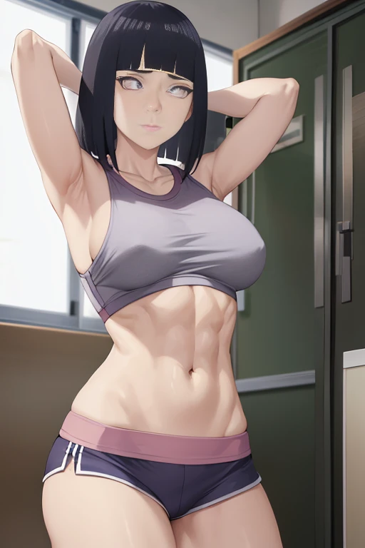 masterpiece, absurdres , (intricate details), (colorful),cinematic lighting,bust shot,extremely detailed CG unity 8k wallpaper ,hinata\(Boruto\), 1girl, solo,mature female, Slim body fat type/skinny. arm up, looking at viewer, sports bra, sports dolphin shorts. Gym Background, Locker room,cowboy shot, athletic Abs detailed, biceps triceps pumped up, body sweat glow, Attractive Curvy Body.