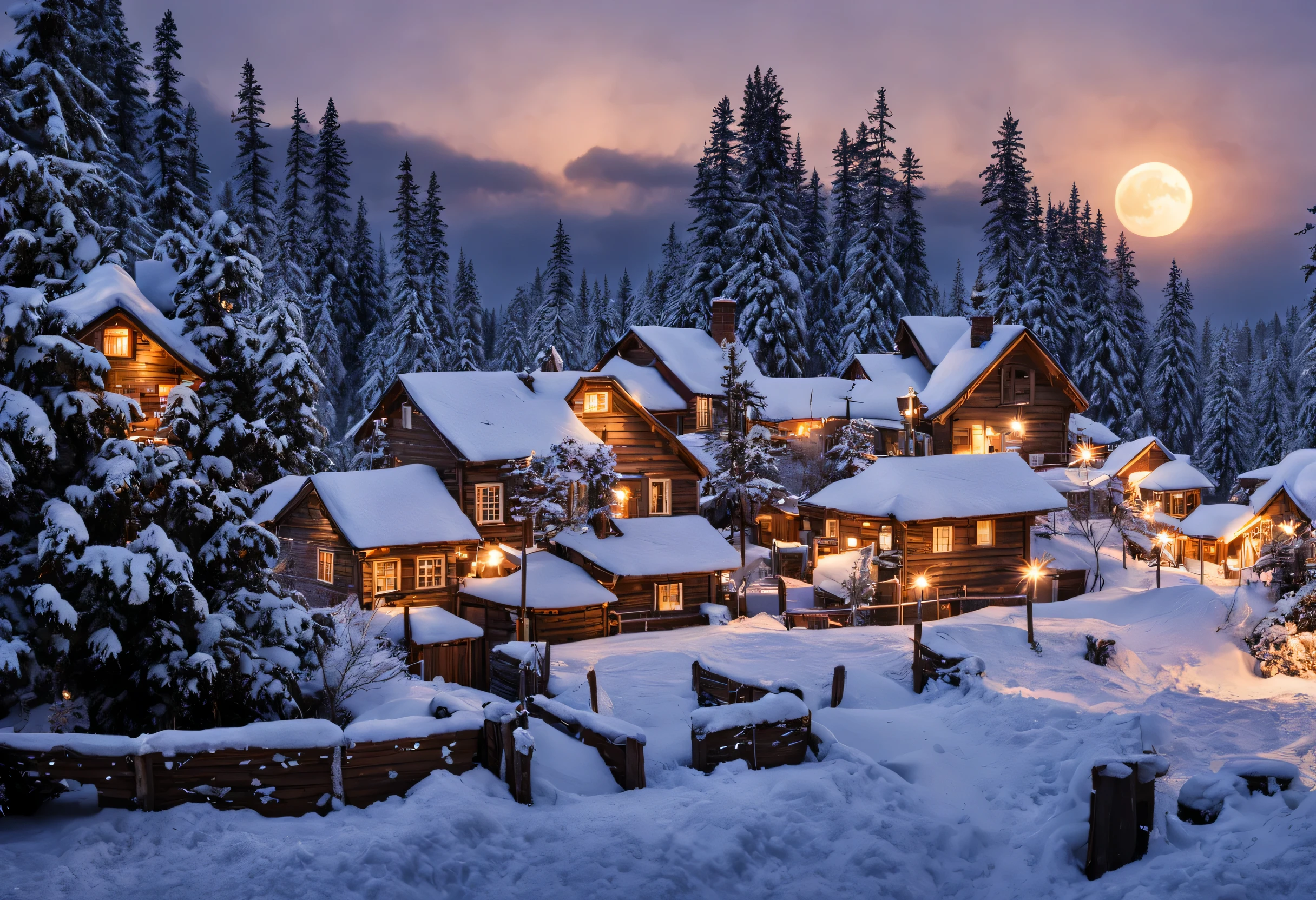 (best quality,4k,8k,highres,masterpiece:1.2),ultra-detailed,(realistic,photorealistic,photo-realistic:1.37),winter wonderland in a village with wooden houses,snow-covered scenery,cozy atmosphere,peaceful,serene,quiet,twinkling lights,smoke rising from chimneys,snowflakes gently falling from the sky,soft powdery snow on trees and rooftops,frosted windows,frozen pond with skaters,enchanting,whimsical,candlelit windows,children building snowmen,sleigh rides,horse-drawn carriages,jingling bells,crisp air,steaming cups of hot cocoa,roaring fireplace,woolen scarves and mittens, crystals reflecting sunlight,icy breath,full moon shining brightly,icy branches glistening,magical,ethereal,sparkling stars,glowing lanterns,wooden sleds leaning against houses,crunchy footsteps in the snow.