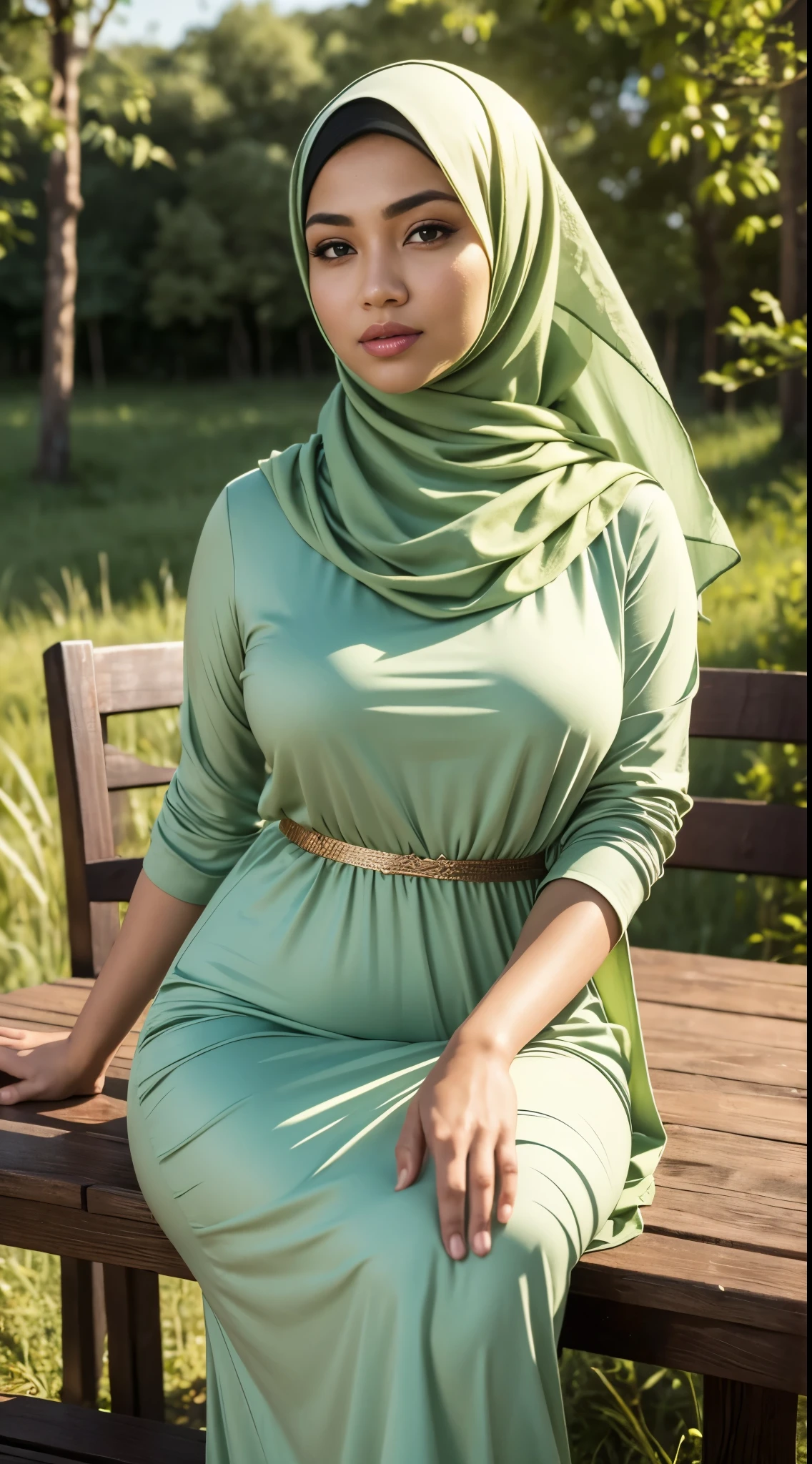 RAW, Best quality, high resolution, works: 1.3), Malay beautiful woman in hijab, Masterpiece, perfect fit body, big breasts, big beautiful eyes, Soft smile, beautiful face, woman sitting at a table in a green meadow, traditional beauty, moment sunset, in the field, in the countryside, beautiful woman, with the sunset, long soft silk dress, on a wooden table, hijab, beautiful woman, the background is heavenly, with a beautiful appearance, an exquisite masterpiece, a masterpiece of art, good lighting, Bright colors, Clean lines