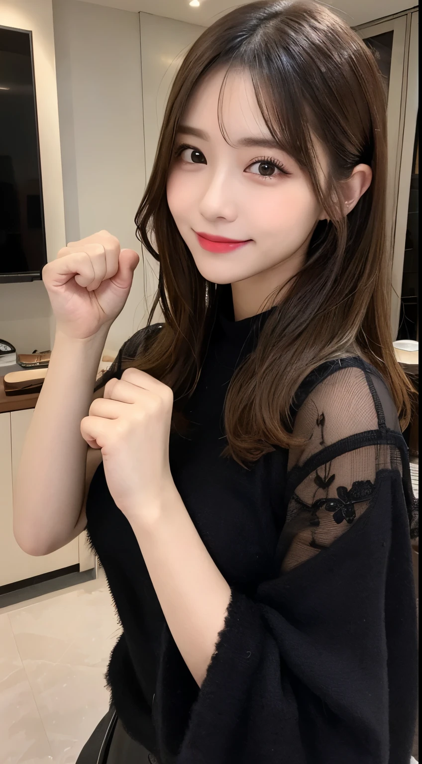masutepiece, Best Quality, Illustration, Ultra-detailed, finely detail, hight resolution, 8K Wallpaper, Perfect dynamic composition, Beautiful detailed eyes, Gorgeous black fluffy Tokyo winter clothes,random cute hair,small tits,Natural Color Lip, Bold sexy poses,Smile、20 years girl、Cute、Sexy shot looking at camera,常にBlur the background,Perfect and beautiful face,Take only the face,beautiful and detailed face、slim face and style,Big eyes、Do gal makeup、Living room of luxury designer tower apartment、Blur the background、Cute hairstyles、pretty pose、fist punch to camera(Stick out your right hand)