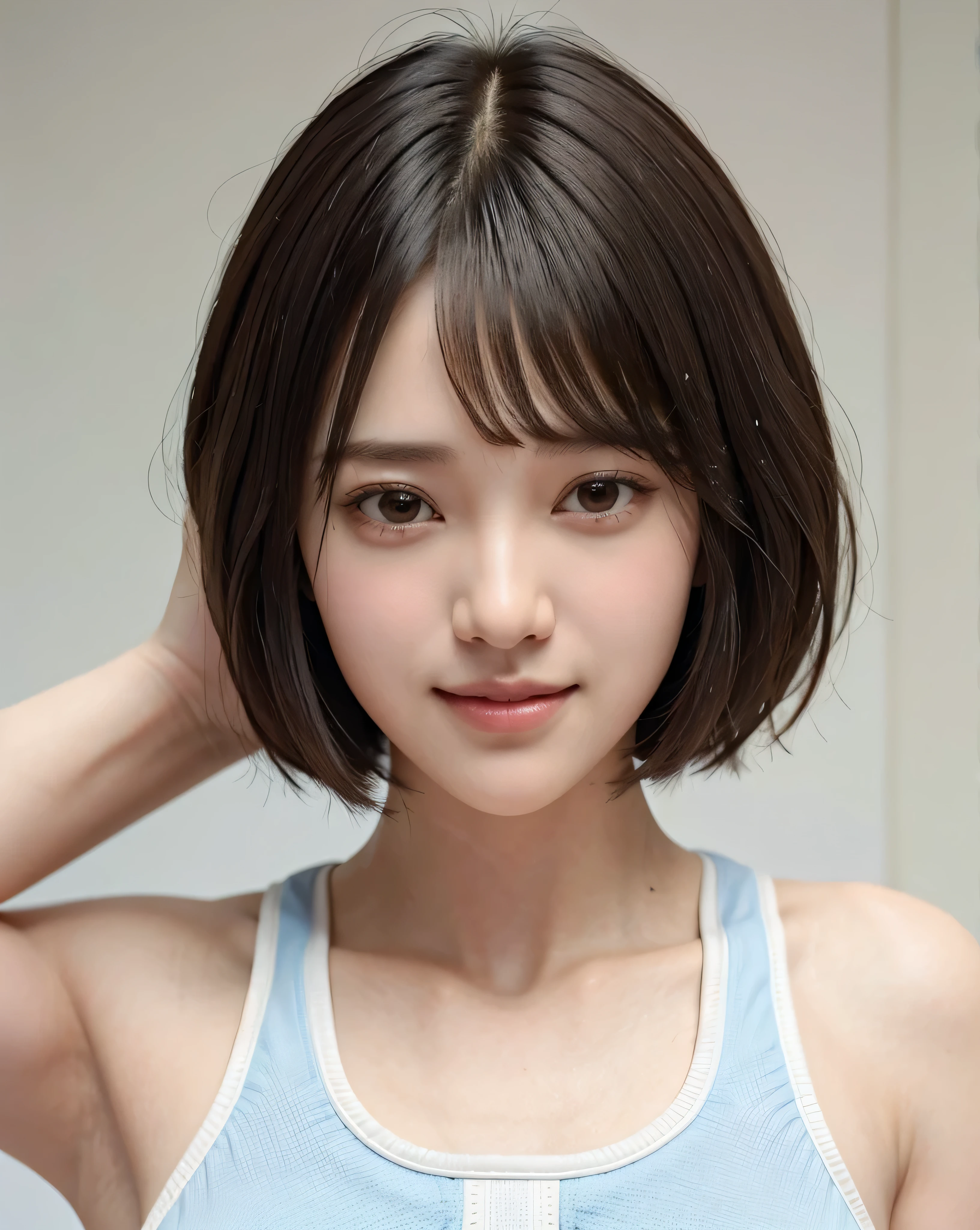 zydG, 1girl, detailed skin, looking at viewer, brown eyes, (short hair with bangs:1.2), (large breasts:1.0), (large areolae:0.8), smile, (face focus:1.4), close shot,
(photorealistic:1.4), (best quality:1.0), (ultra highres:1.0), 8k, RAW photo, (masterpiece:0.2), (sportswear:1.5), portrait,
(pureerosface_v1:0.5)